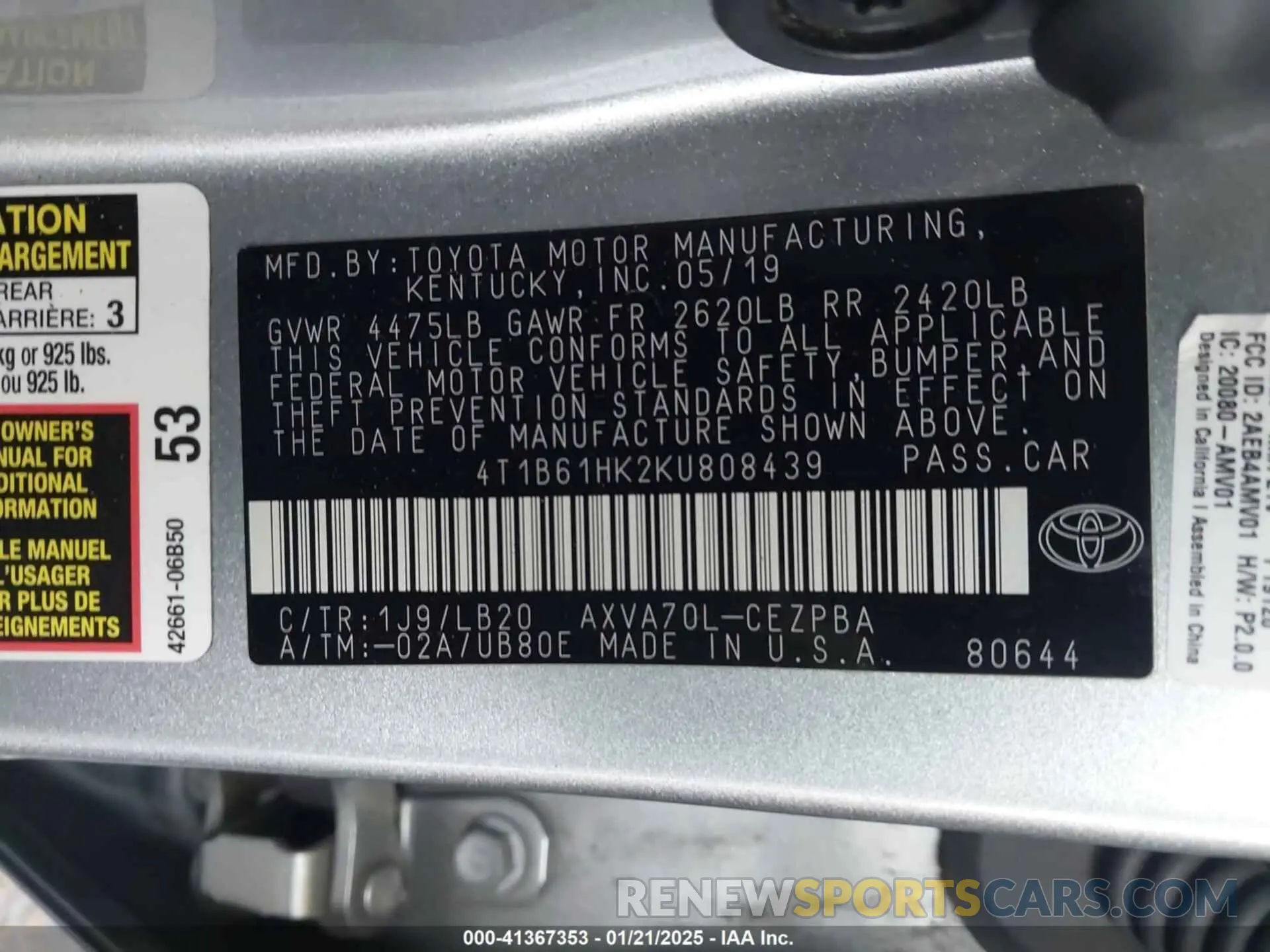 9 Photograph of a damaged car 4T1B61HK2KU808439 TOYOTA CAMRY 2019