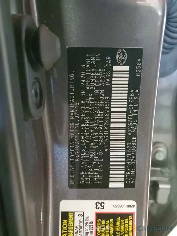 12 Photograph of a damaged car 4T1B61HK2KU828559 TOYOTA CAMRY 2019