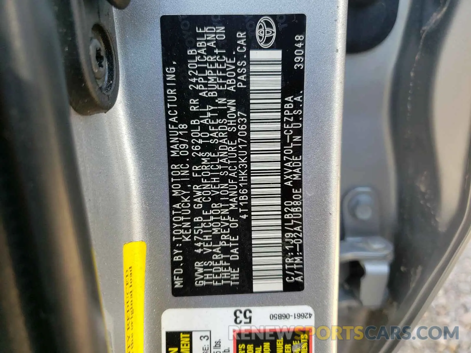 10 Photograph of a damaged car 4T1B61HK3KU170637 TOYOTA CAMRY 2019