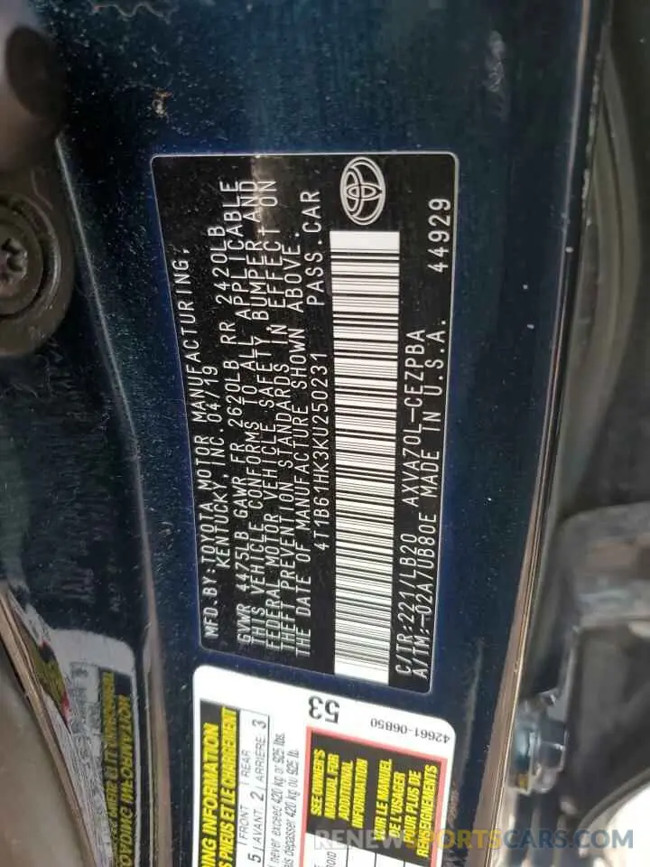 14 Photograph of a damaged car 4T1B61HK3KU250231 TOYOTA CAMRY 2019