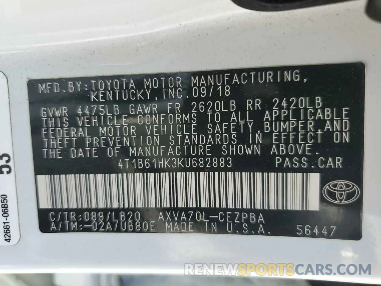 13 Фотография поврежденного автомобиля 4T1B61HK3KU682883 TOYOTA CAMRY 2019