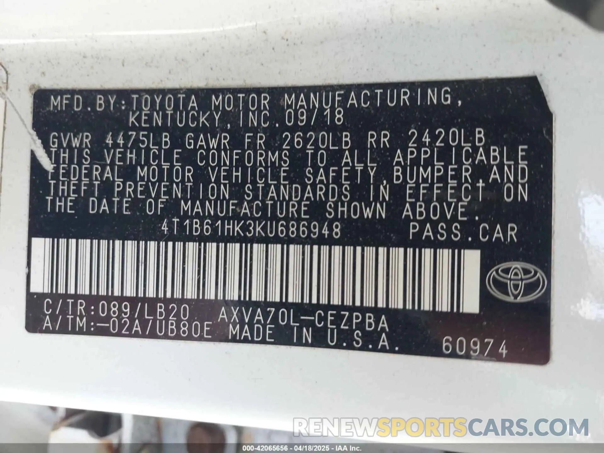 9 Фотография поврежденного автомобиля 4T1B61HK3KU686948 TOYOTA CAMRY 2019