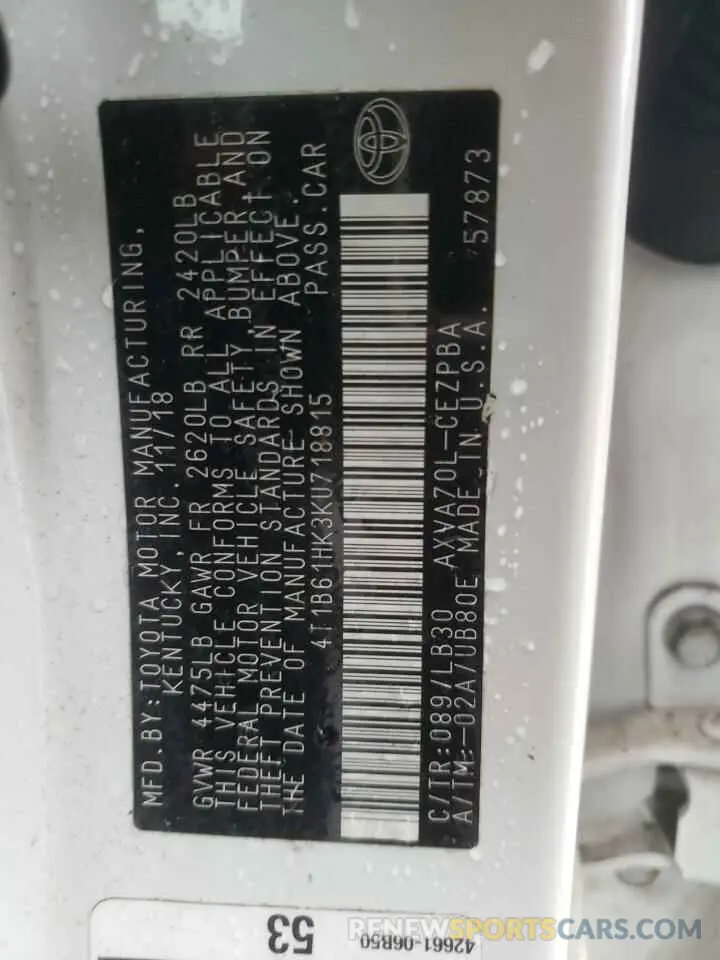 12 Фотография поврежденного автомобиля 4T1B61HK3KU718815 TOYOTA CAMRY 2019