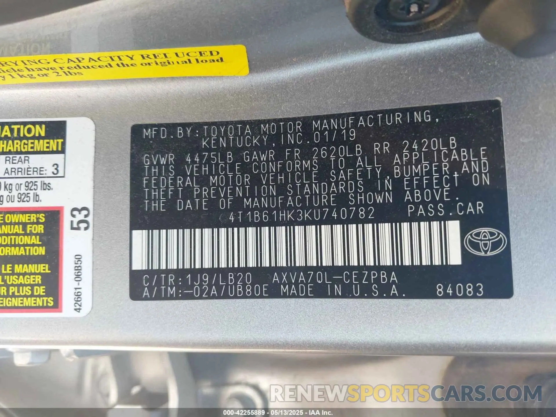 9 Photograph of a damaged car 4T1B61HK3KU740782 TOYOTA CAMRY 2019