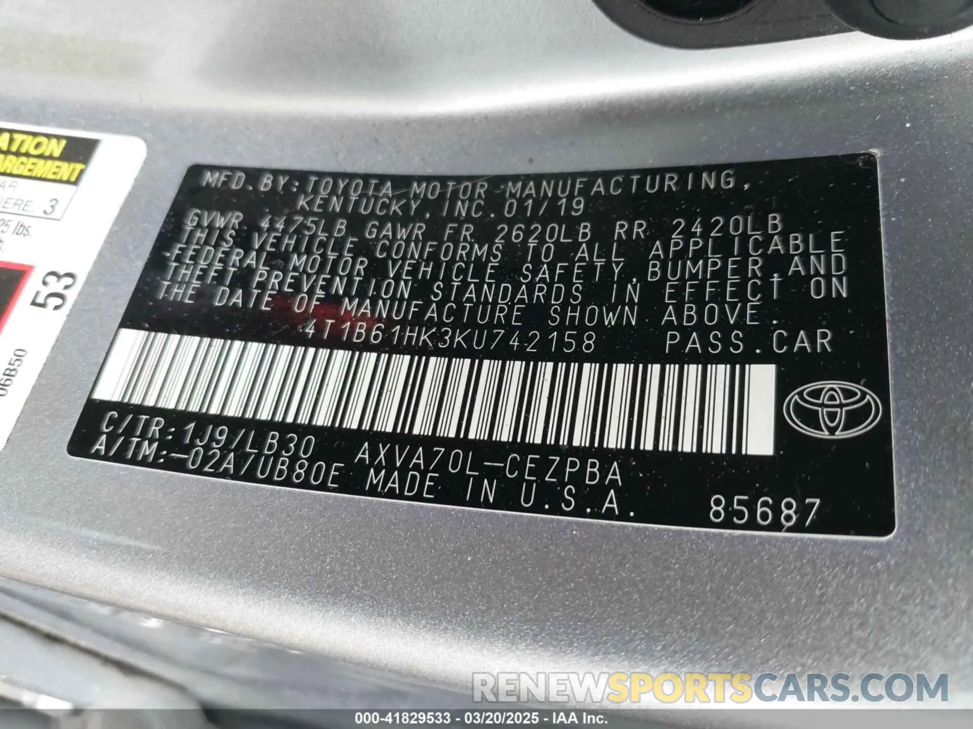 9 Фотография поврежденного автомобиля 4T1B61HK3KU742158 TOYOTA CAMRY 2019