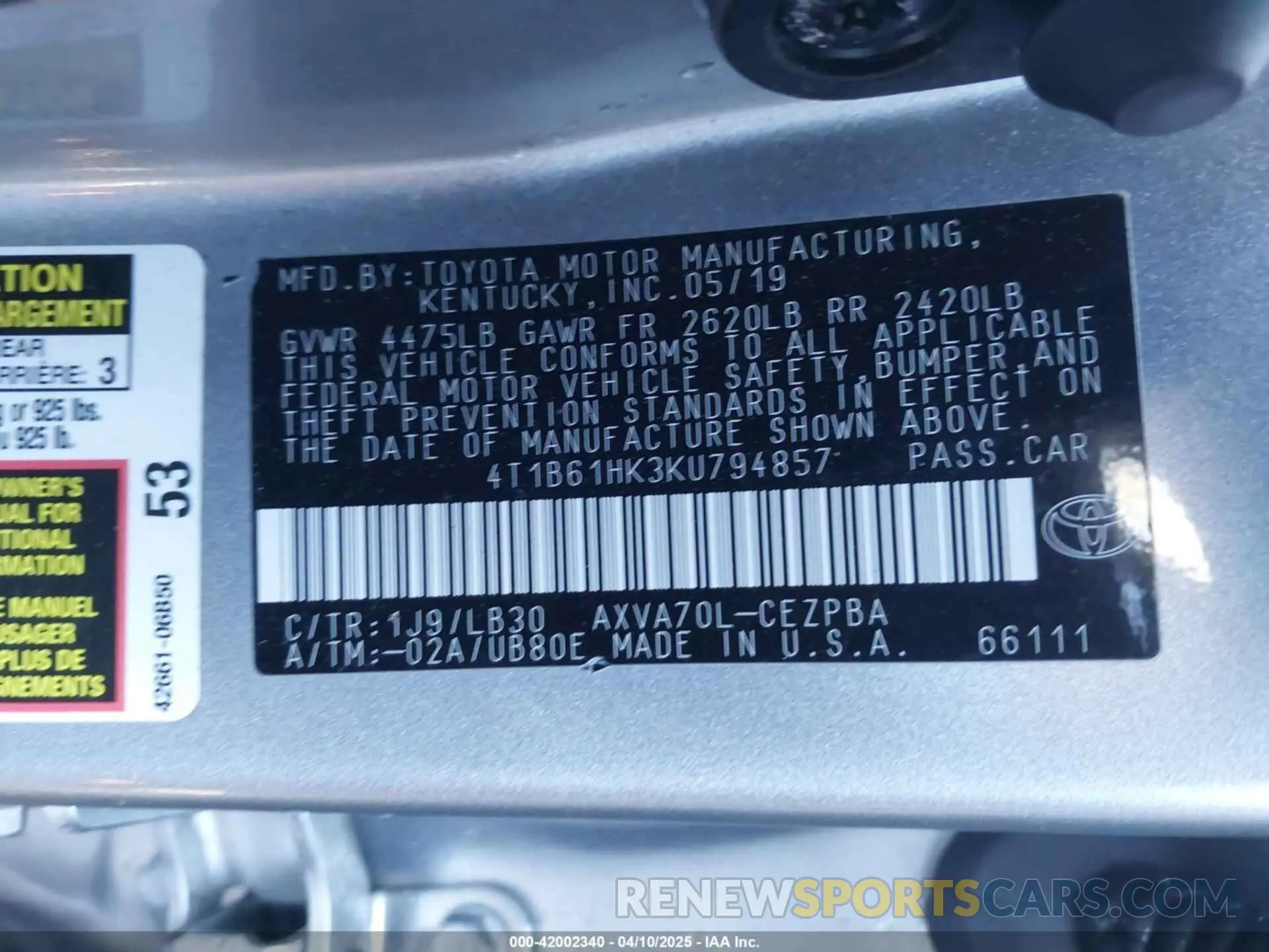 9 Photograph of a damaged car 4T1B61HK3KU794857 TOYOTA CAMRY 2019
