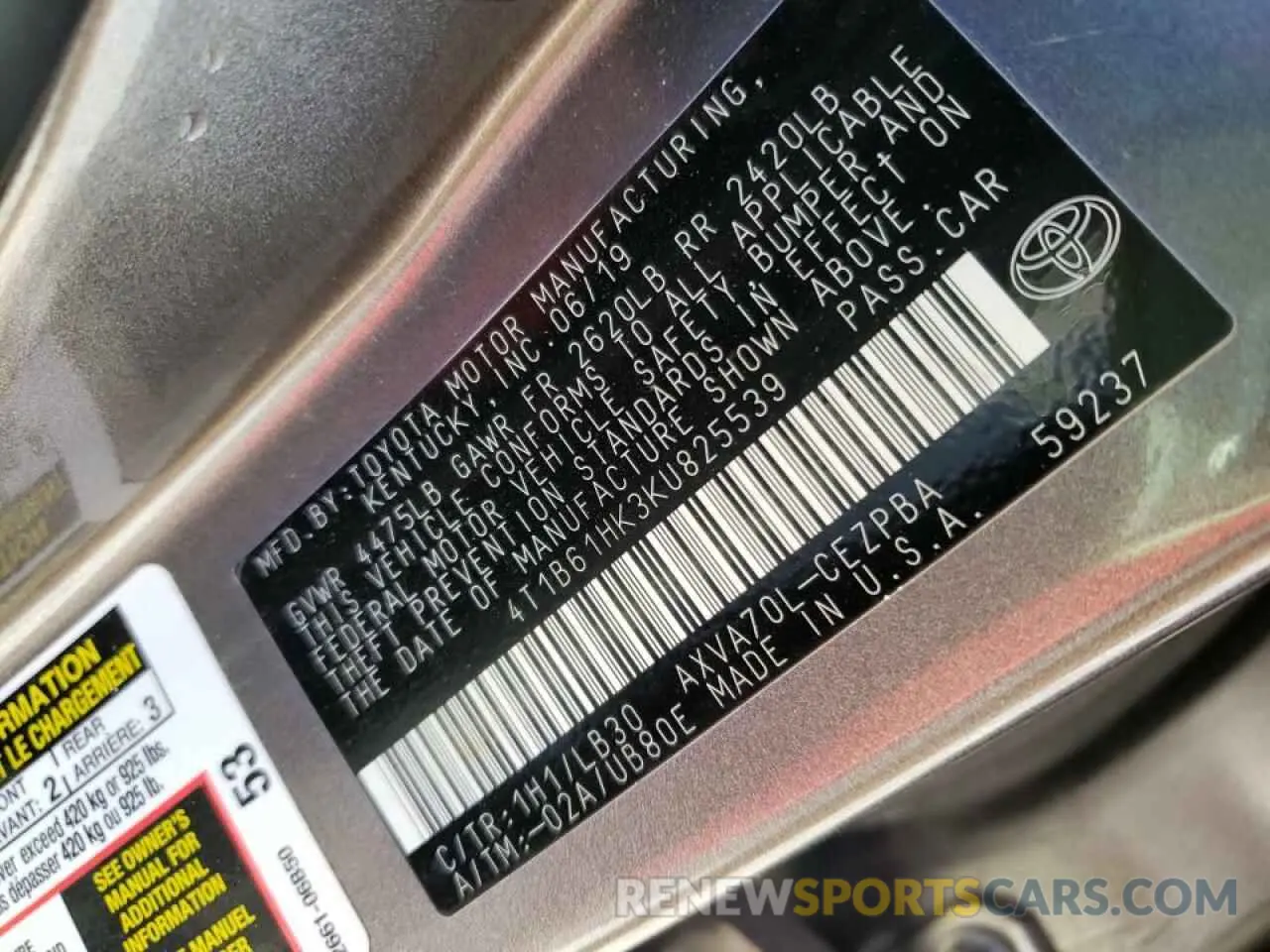10 Photograph of a damaged car 4T1B61HK3KU825539 TOYOTA CAMRY 2019