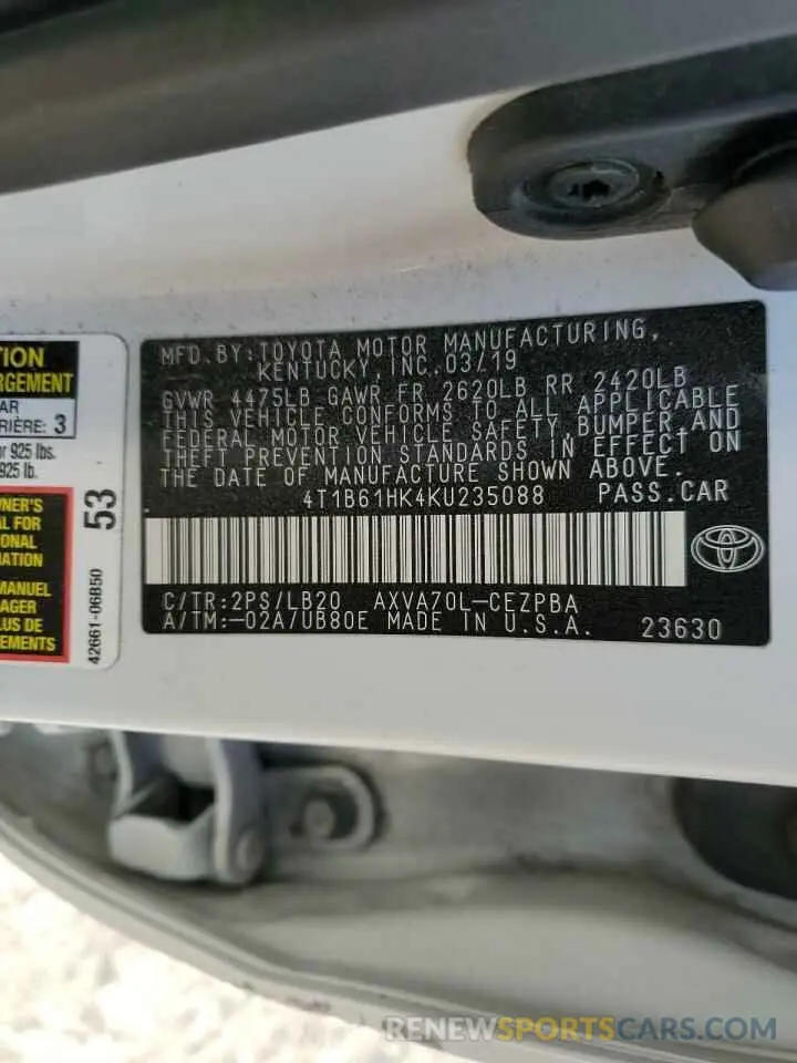 13 Photograph of a damaged car 4T1B61HK4KU235088 TOYOTA CAMRY 2019