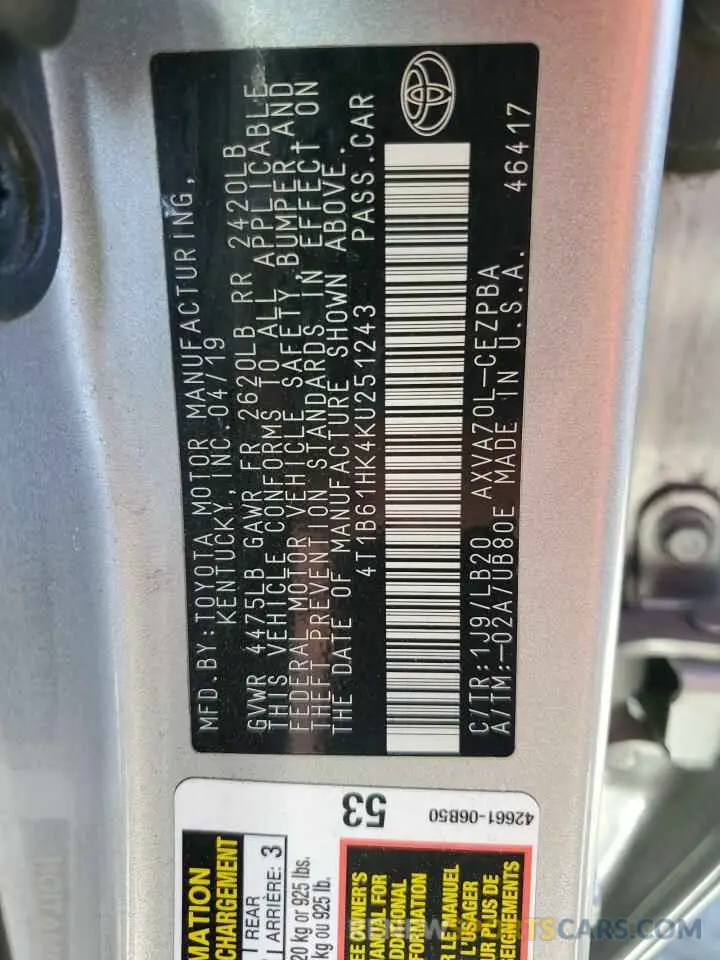 12 Фотография поврежденного автомобиля 4T1B61HK4KU251243 TOYOTA CAMRY 2019