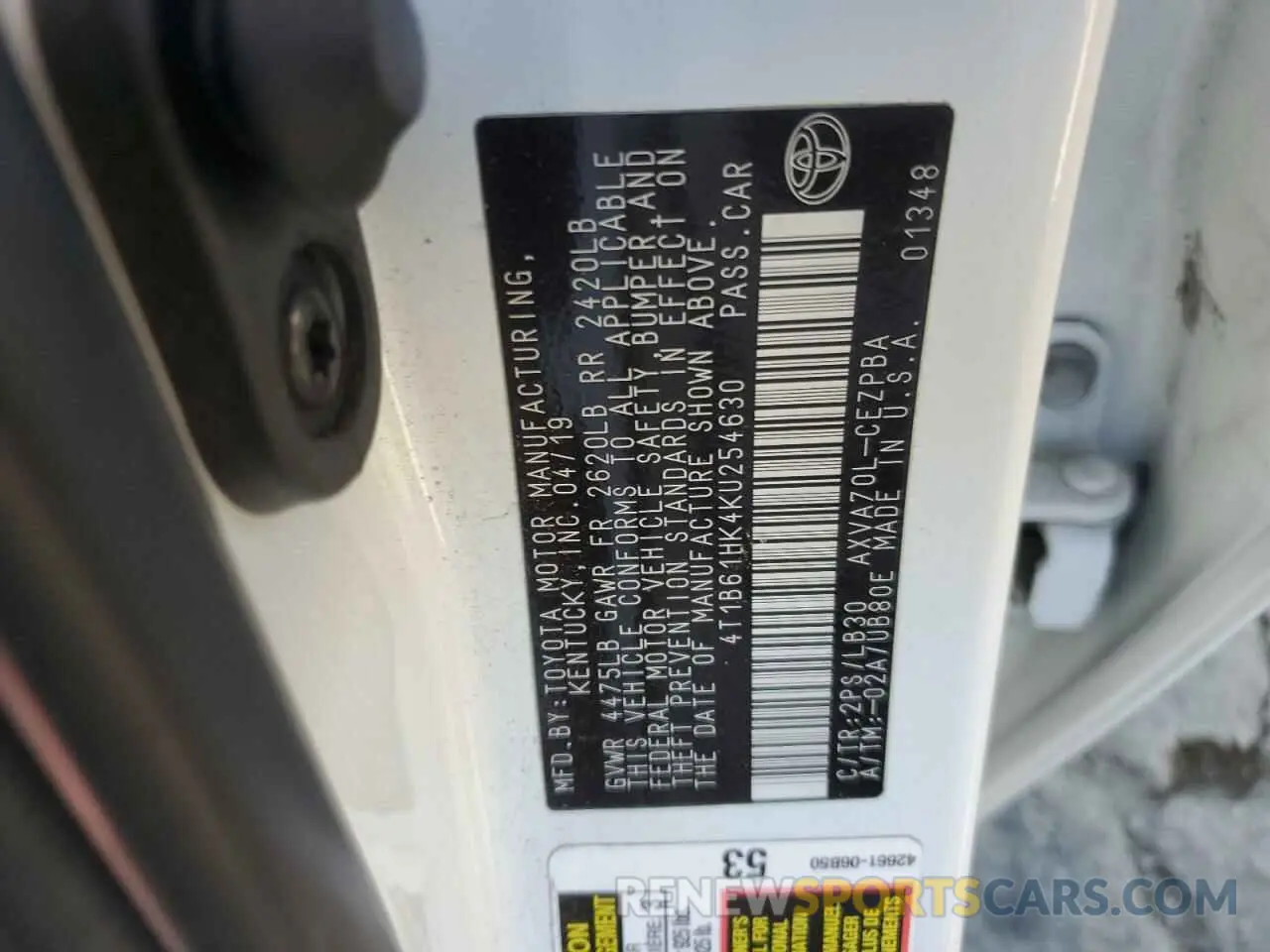 13 Photograph of a damaged car 4T1B61HK4KU254630 TOYOTA CAMRY 2019