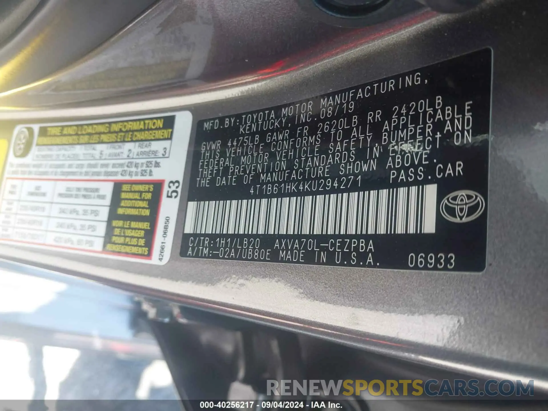 9 Photograph of a damaged car 4T1B61HK4KU294271 TOYOTA CAMRY 2019