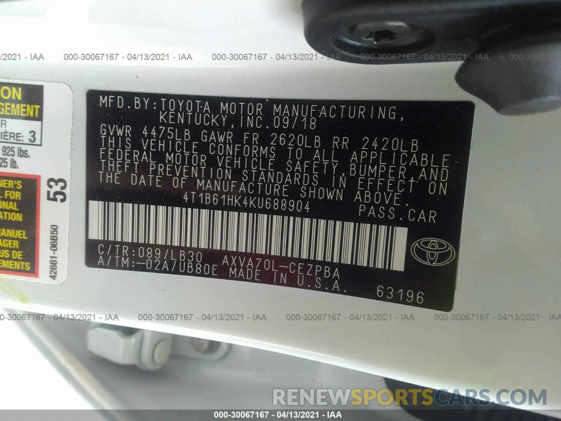 9 Photograph of a damaged car 4T1B61HK4KU688904 TOYOTA CAMRY 2019