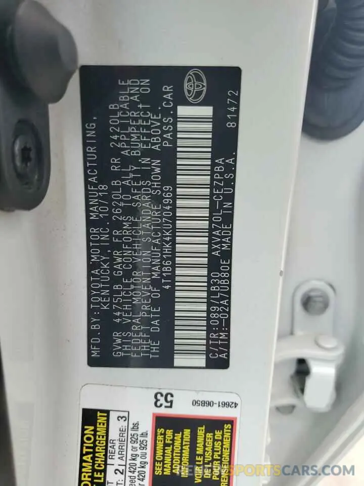 12 Photograph of a damaged car 4T1B61HK4KU704969 TOYOTA CAMRY 2019