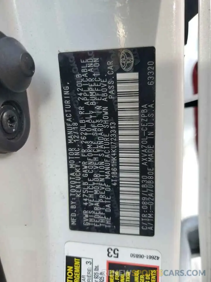 12 Photograph of a damaged car 4T1B61HK4KU723313 TOYOTA CAMRY 2019