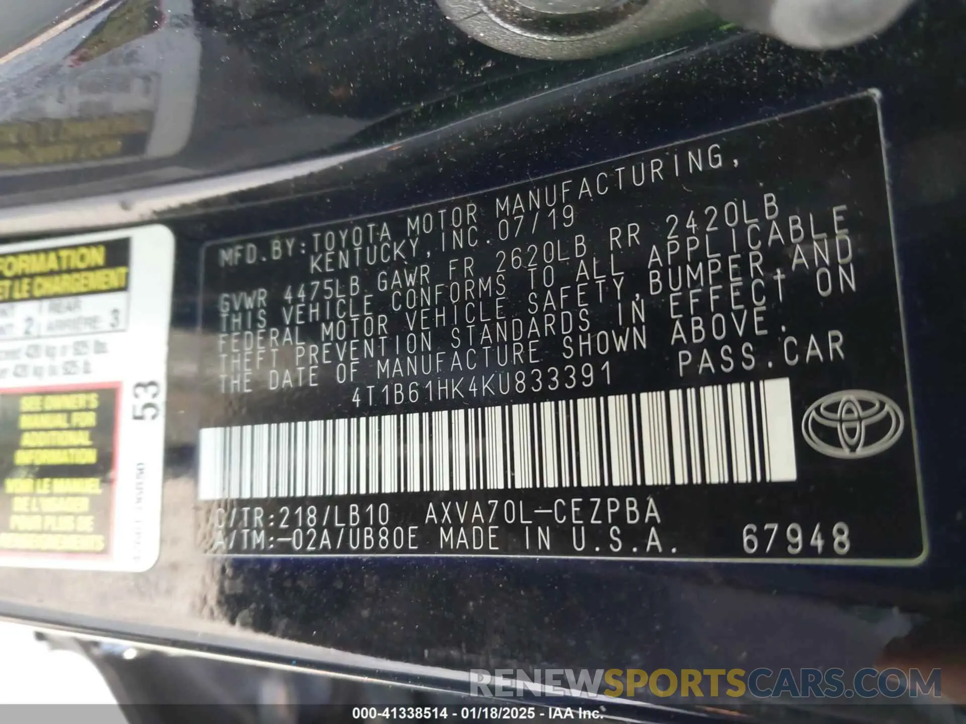 9 Photograph of a damaged car 4T1B61HK4KU833391 TOYOTA CAMRY 2019
