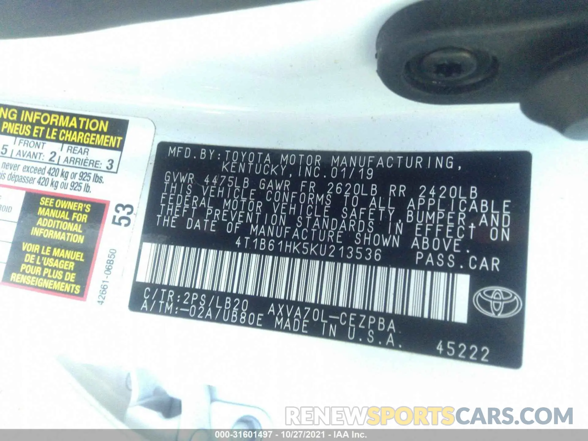 9 Photograph of a damaged car 4T1B61HK5KU213536 TOYOTA CAMRY 2019