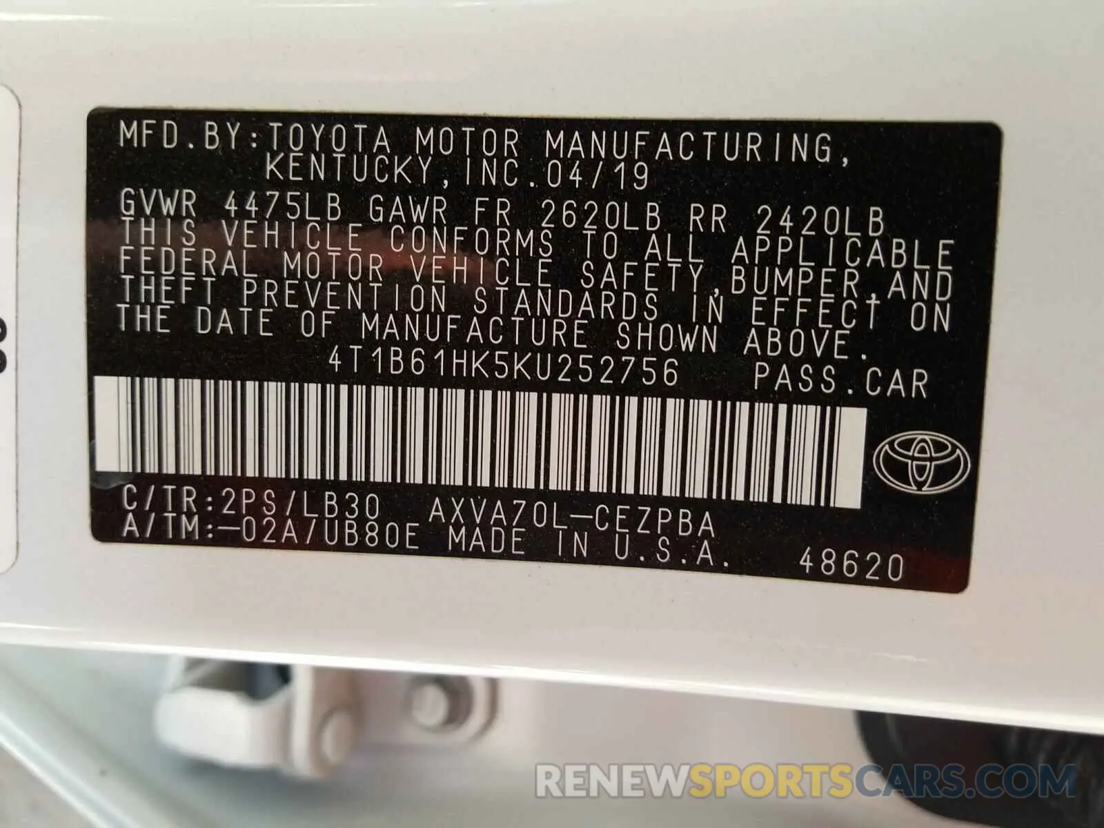 10 Photograph of a damaged car 4T1B61HK5KU252756 TOYOTA CAMRY 2019