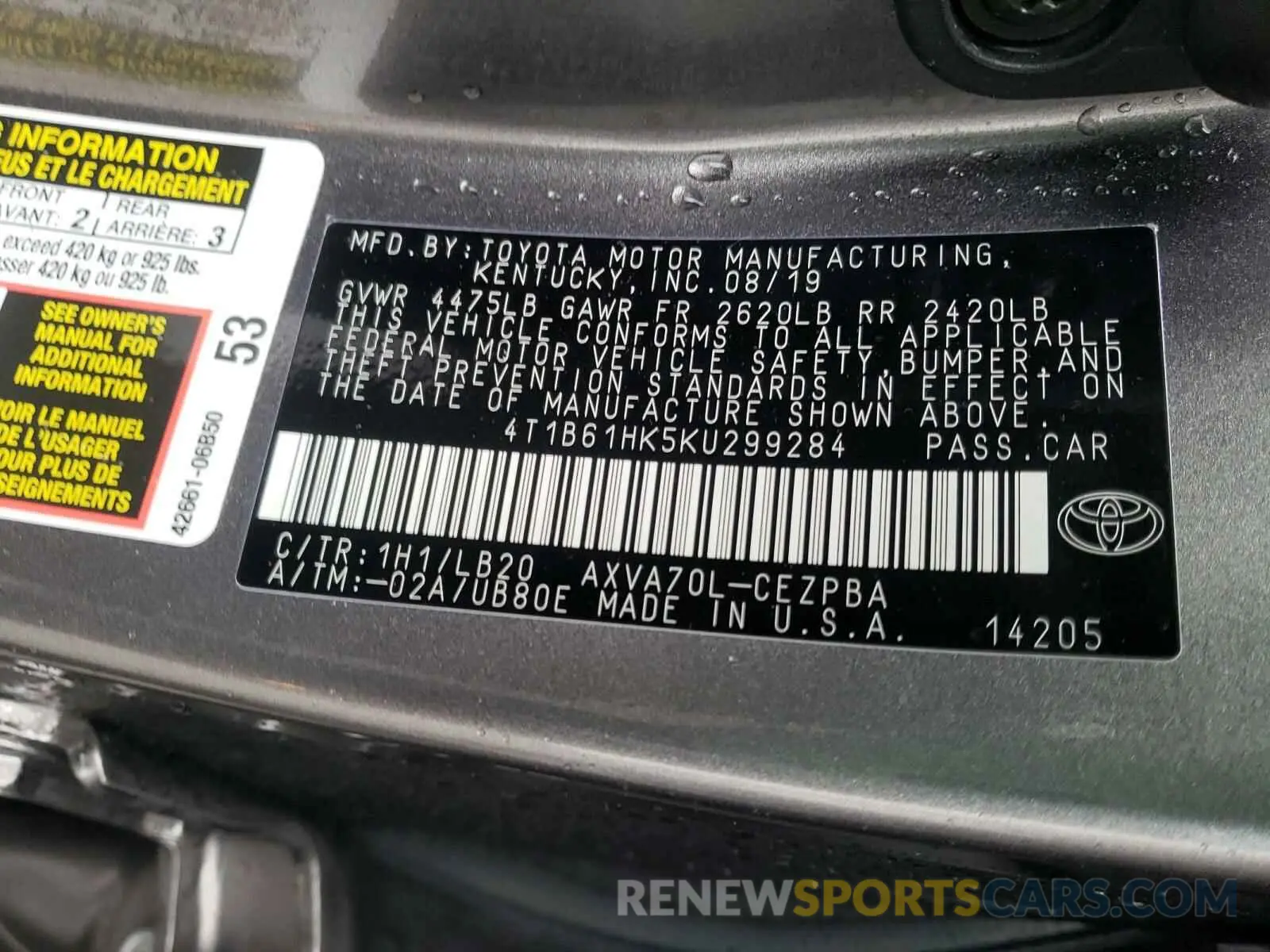 10 Photograph of a damaged car 4T1B61HK5KU299284 TOYOTA CAMRY 2019