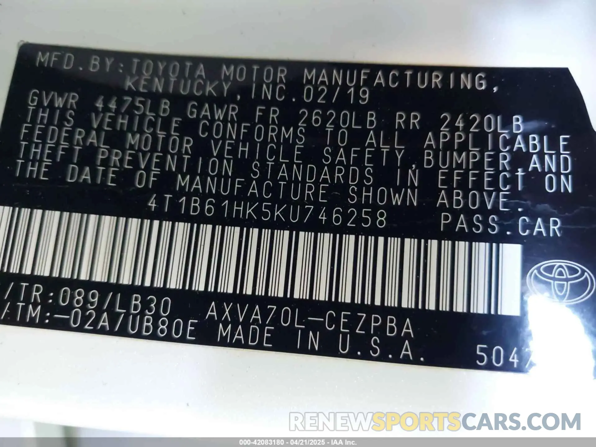 9 Photograph of a damaged car 4T1B61HK5KU746258 TOYOTA CAMRY 2019