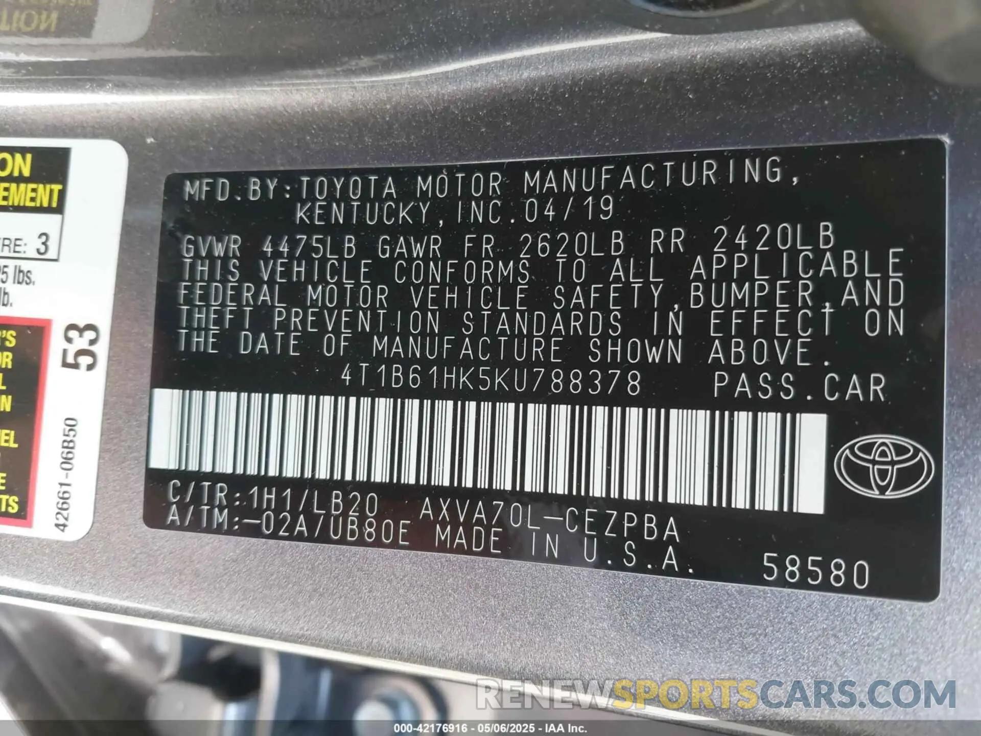 9 Photograph of a damaged car 4T1B61HK5KU788378 TOYOTA CAMRY 2019