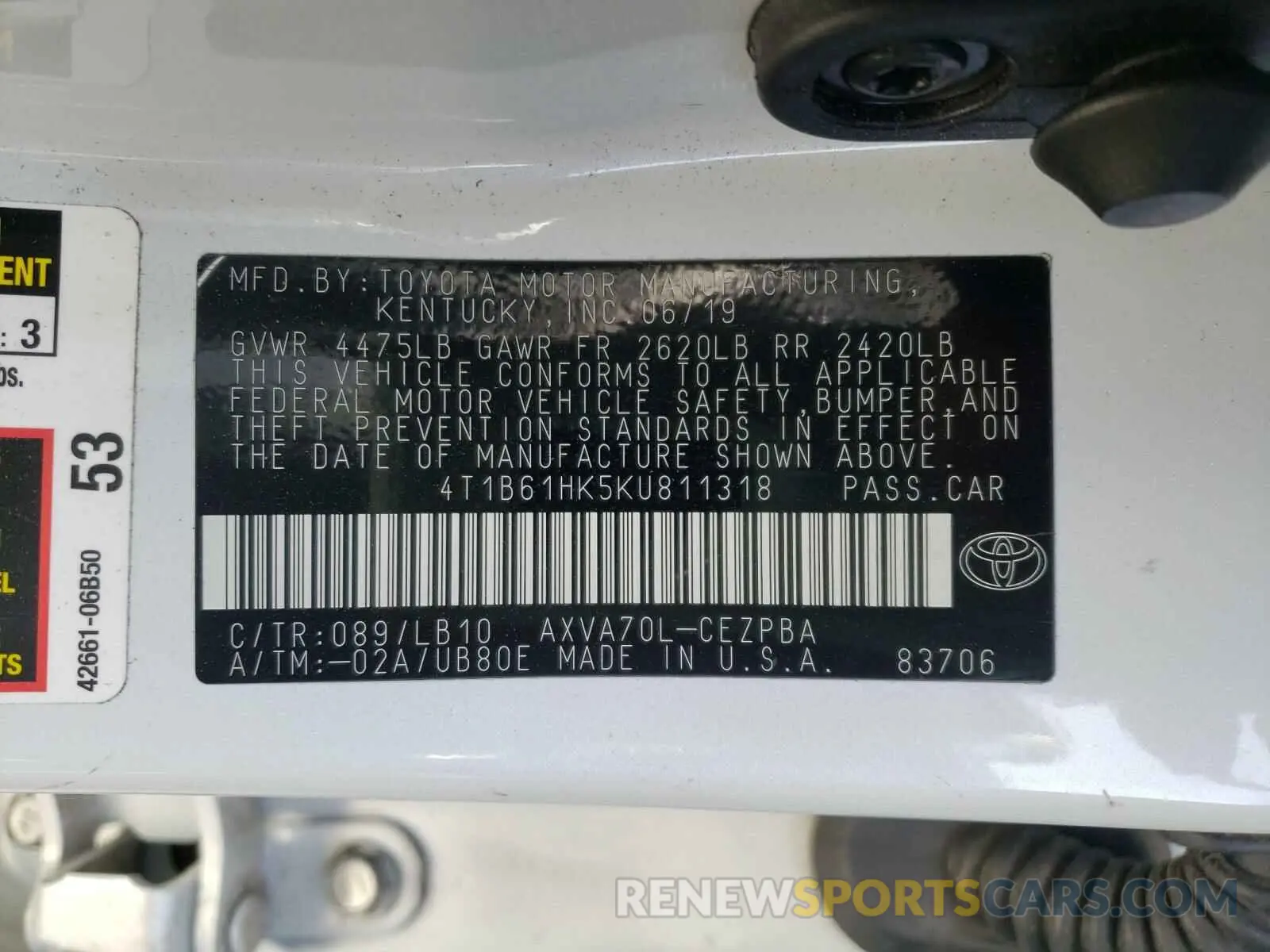 10 Photograph of a damaged car 4T1B61HK5KU811318 TOYOTA CAMRY 2019