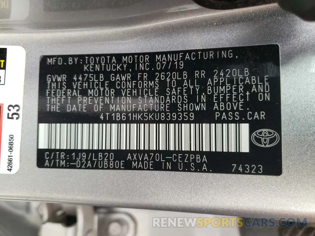 10 Photograph of a damaged car 4T1B61HK5KU839359 TOYOTA CAMRY 2019