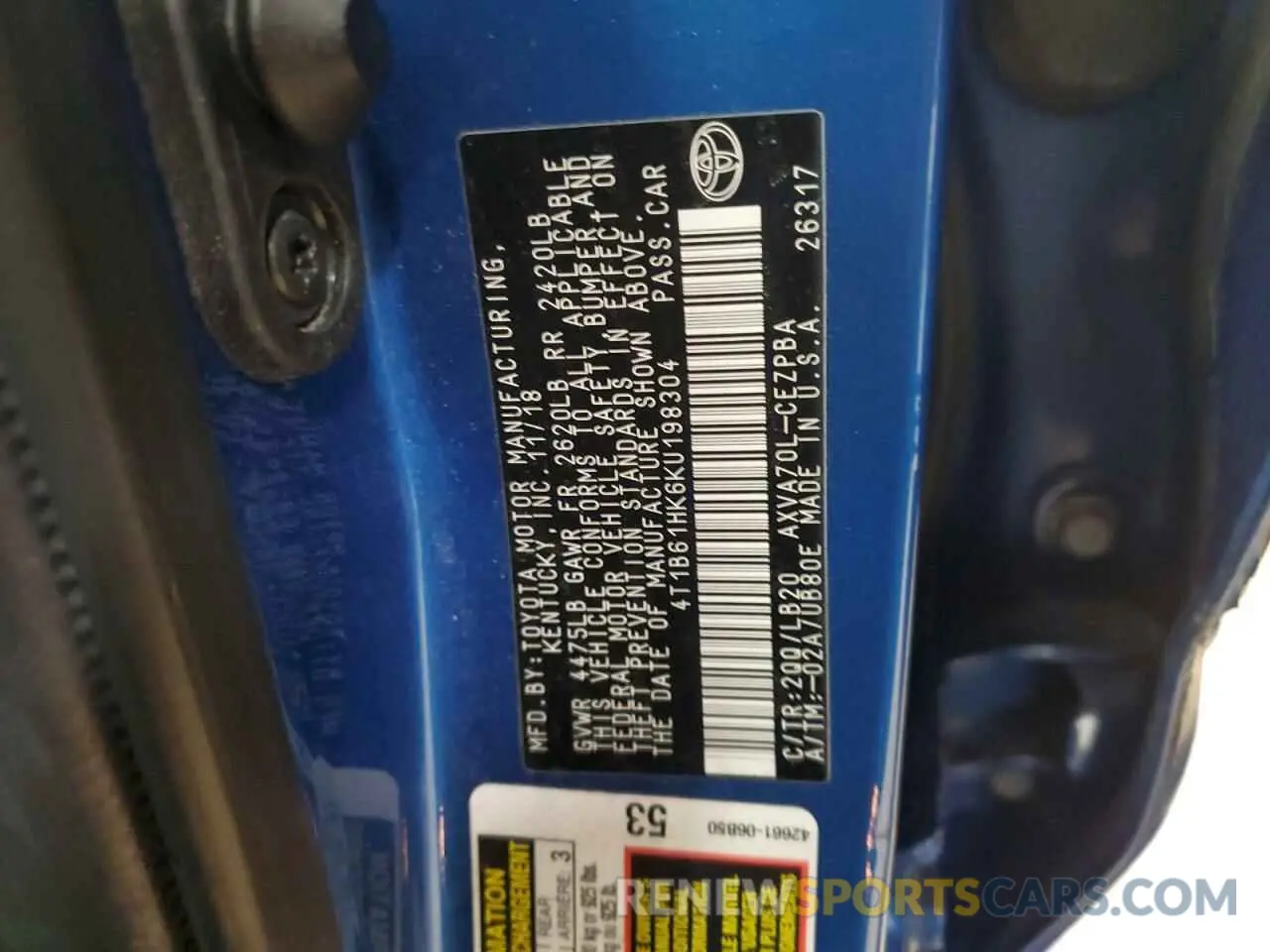 12 Photograph of a damaged car 4T1B61HK6KU198304 TOYOTA CAMRY 2019