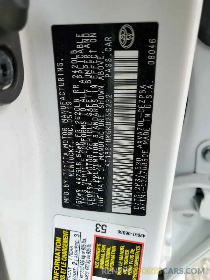 13 Фотография поврежденного автомобиля 4T1B61HK6KU259232 TOYOTA CAMRY 2019