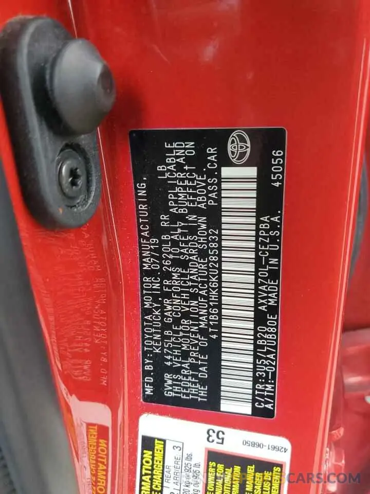 12 Photograph of a damaged car 4T1B61HK6KU285832 TOYOTA CAMRY 2019