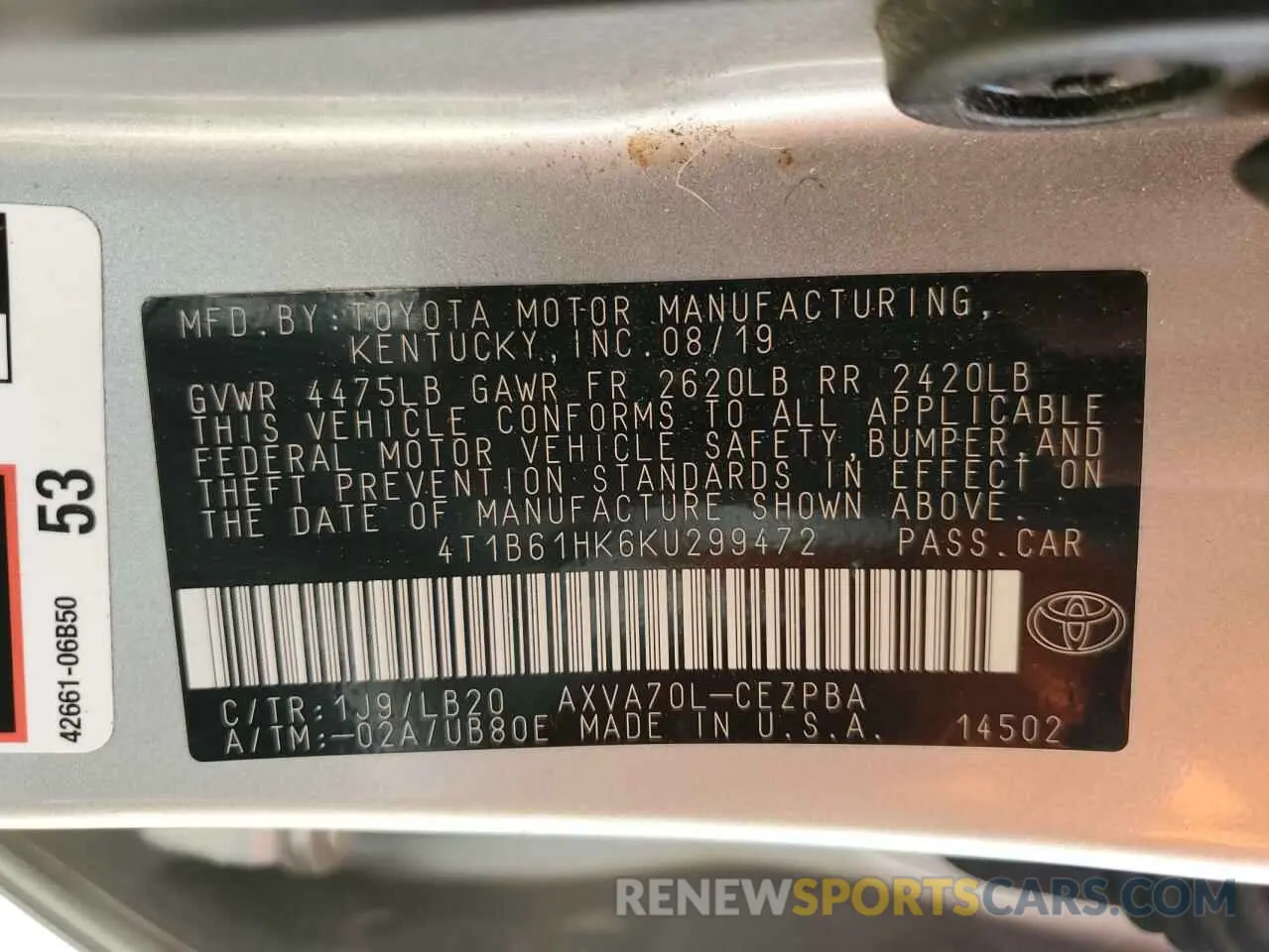 13 Фотография поврежденного автомобиля 4T1B61HK6KU299472 TOYOTA CAMRY 2019