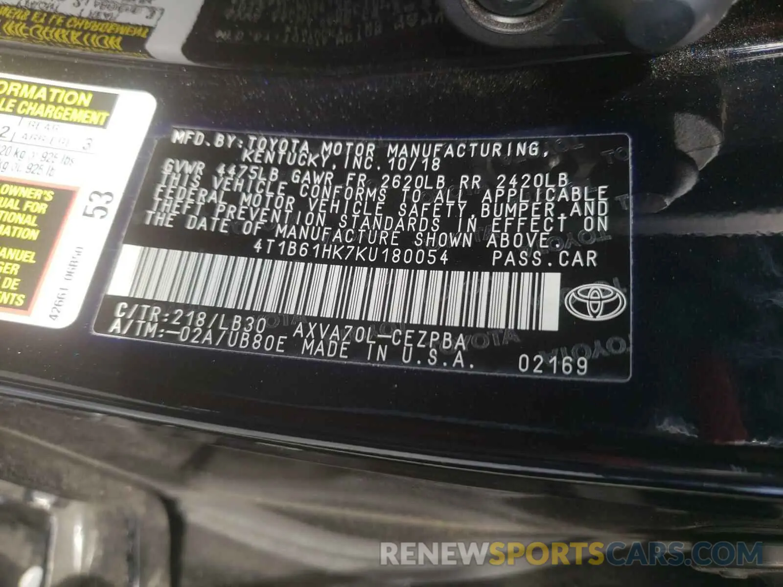 10 Photograph of a damaged car 4T1B61HK7KU180054 TOYOTA CAMRY 2019