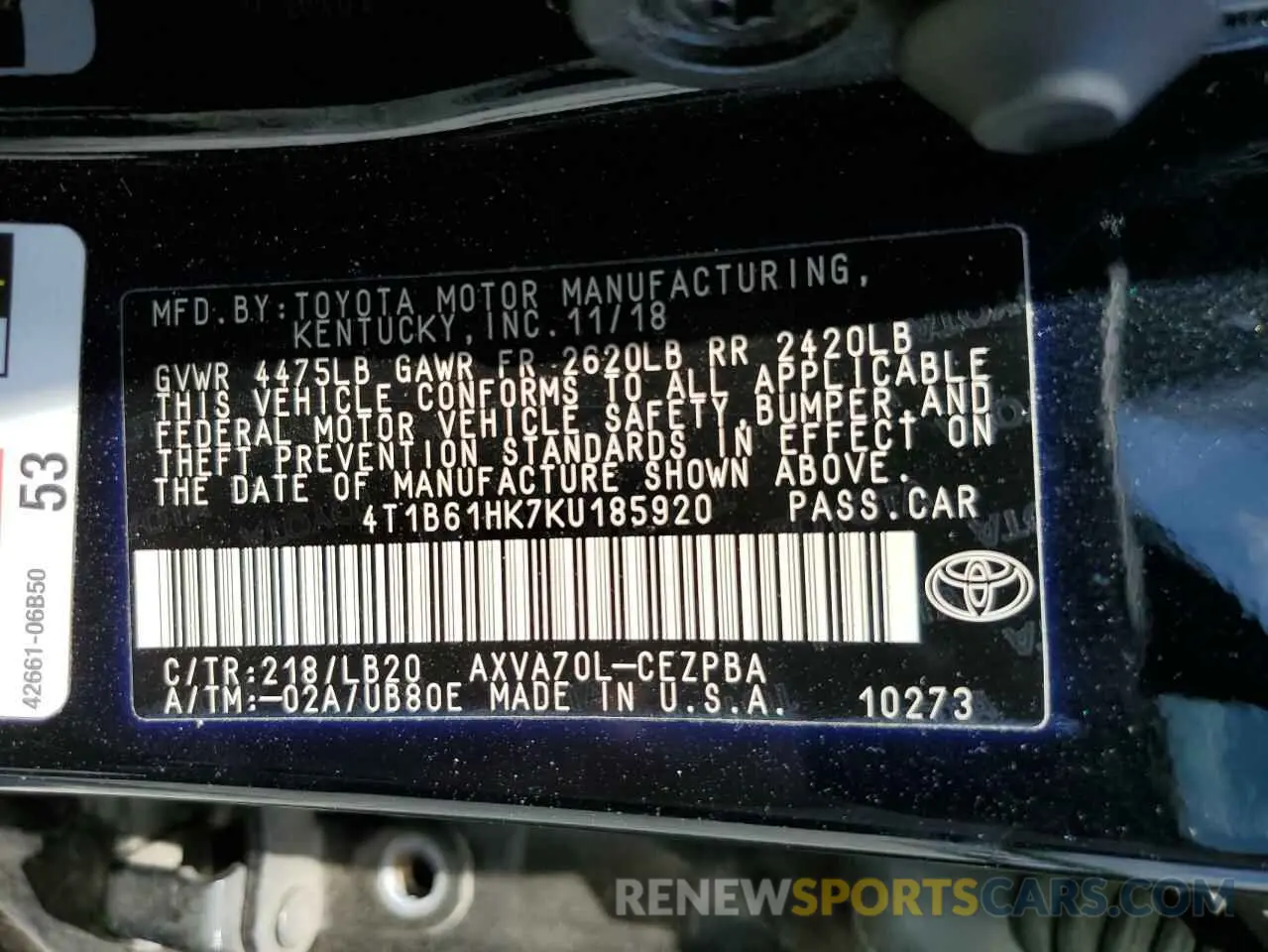 13 Photograph of a damaged car 4T1B61HK7KU185920 TOYOTA CAMRY 2019