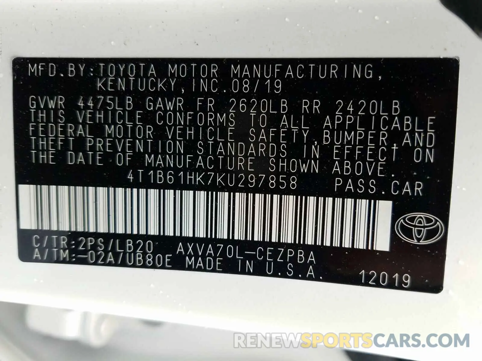 10 Фотография поврежденного автомобиля 4T1B61HK7KU297858 TOYOTA CAMRY 2019
