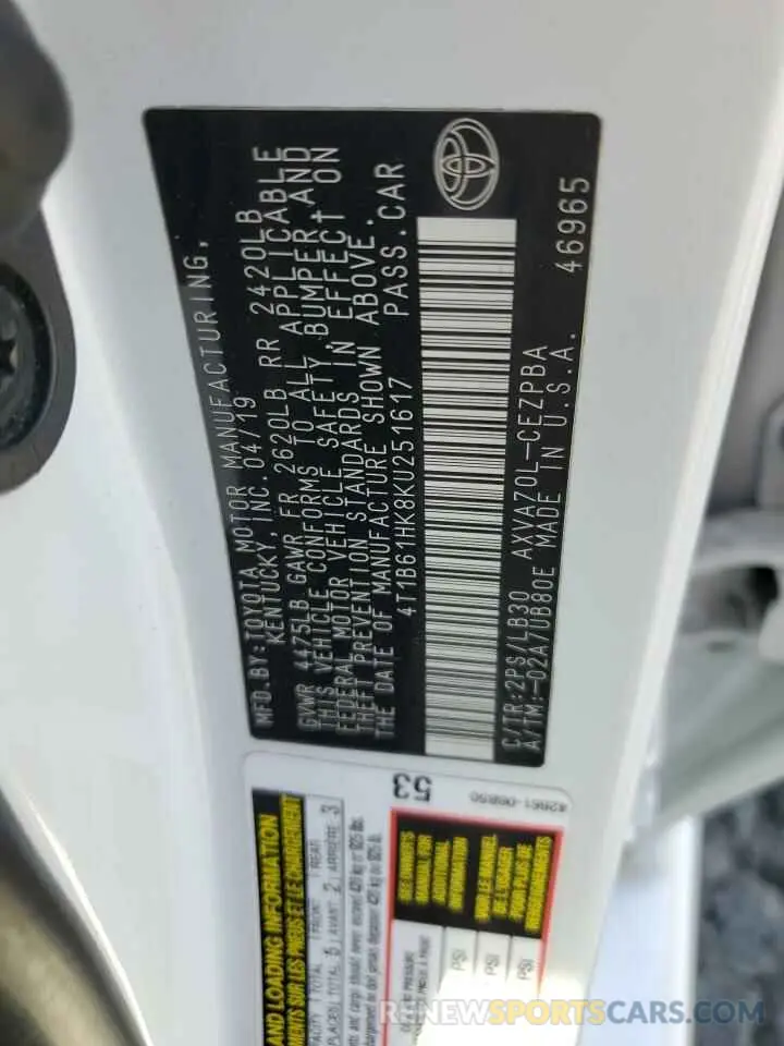 12 Photograph of a damaged car 4T1B61HK8KU251617 TOYOTA CAMRY 2019