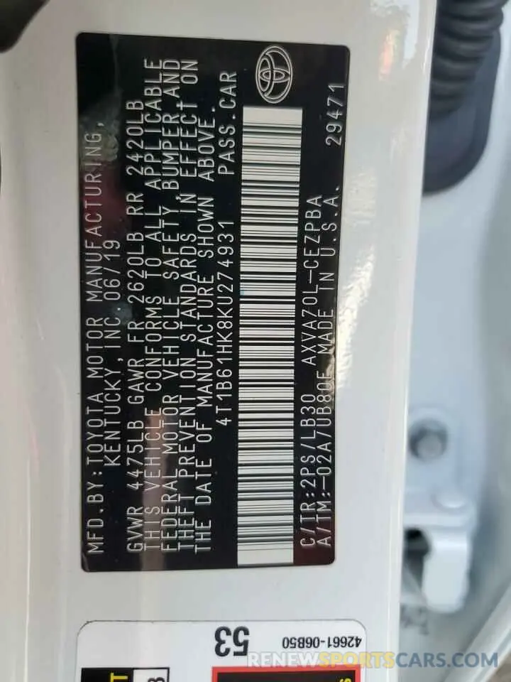 12 Photograph of a damaged car 4T1B61HK8KU274931 TOYOTA CAMRY 2019
