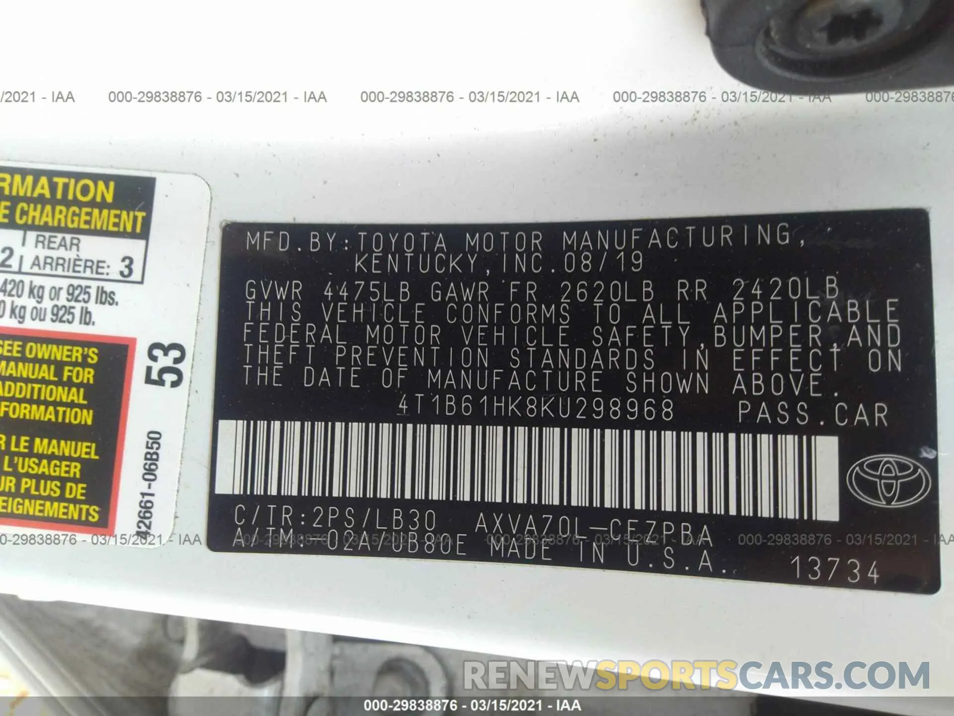 9 Photograph of a damaged car 4T1B61HK8KU298968 TOYOTA CAMRY 2019