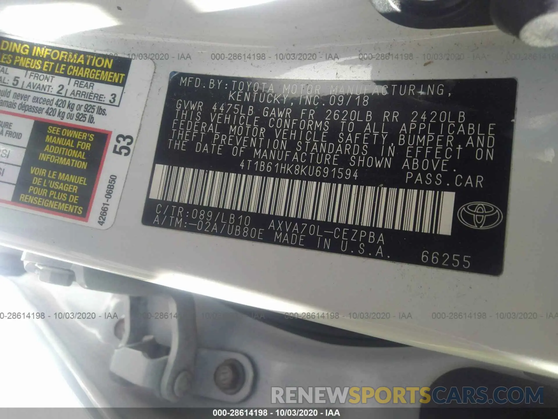 9 Photograph of a damaged car 4T1B61HK8KU691594 TOYOTA CAMRY 2019