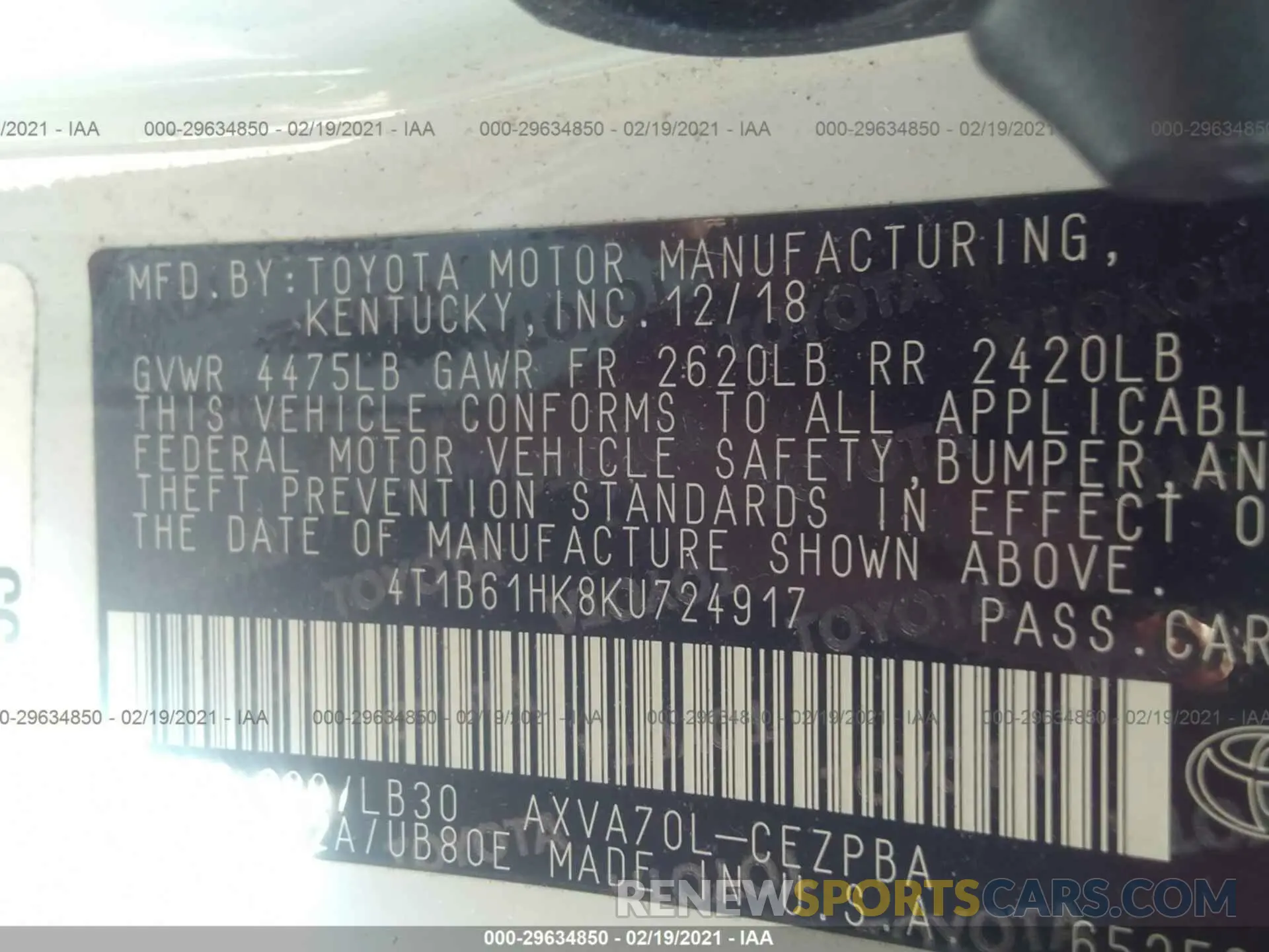 9 Photograph of a damaged car 4T1B61HK8KU724917 TOYOTA CAMRY 2019