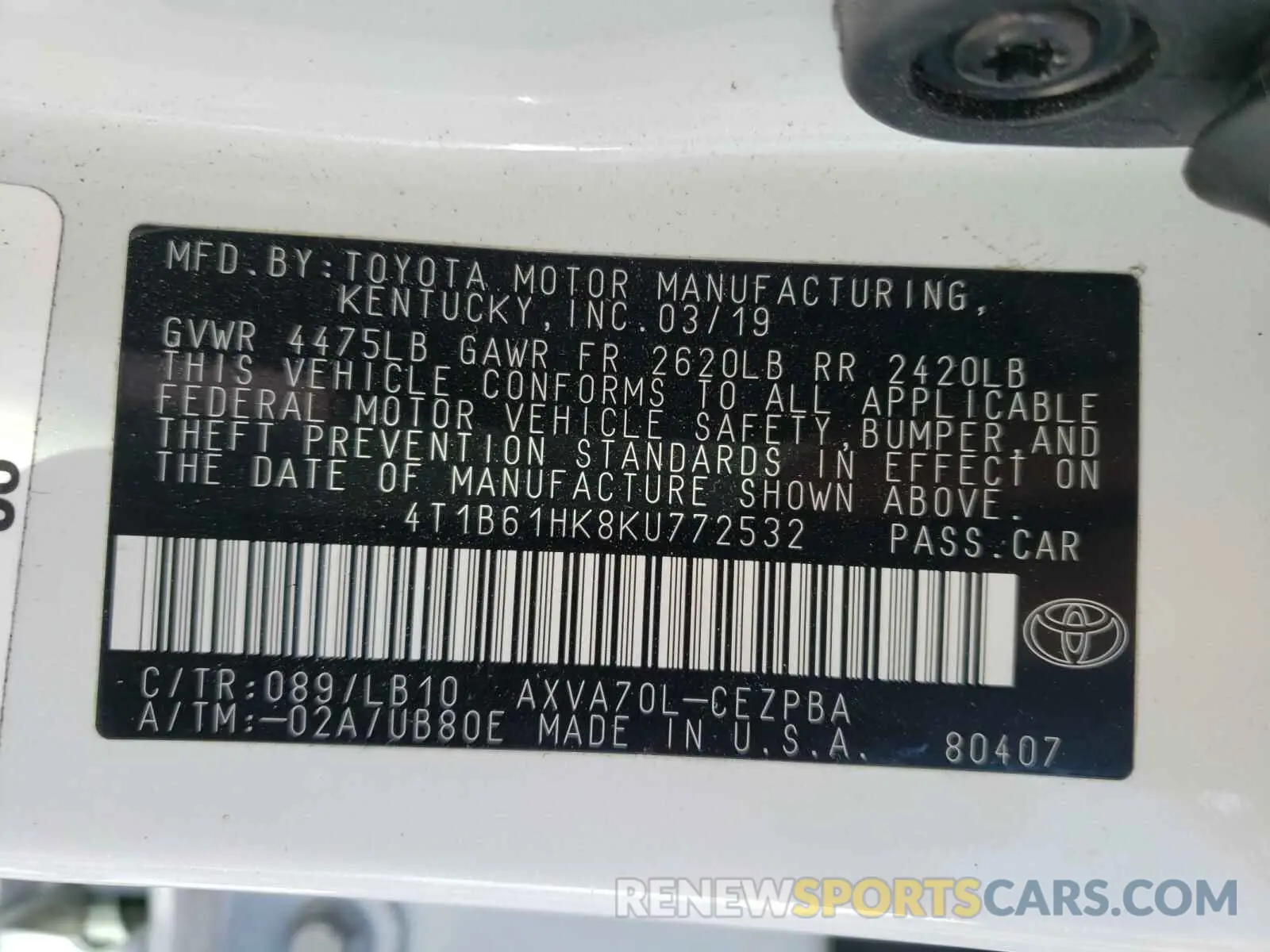 10 Photograph of a damaged car 4T1B61HK8KU772532 TOYOTA CAMRY 2019