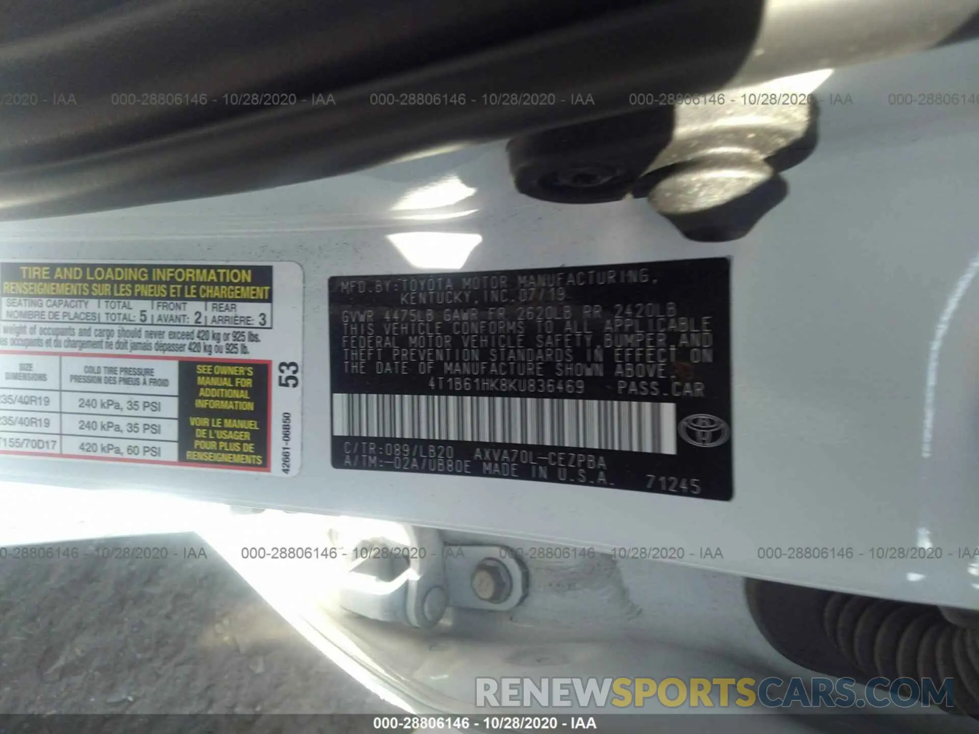 9 Photograph of a damaged car 4T1B61HK8KU836469 TOYOTA CAMRY 2019