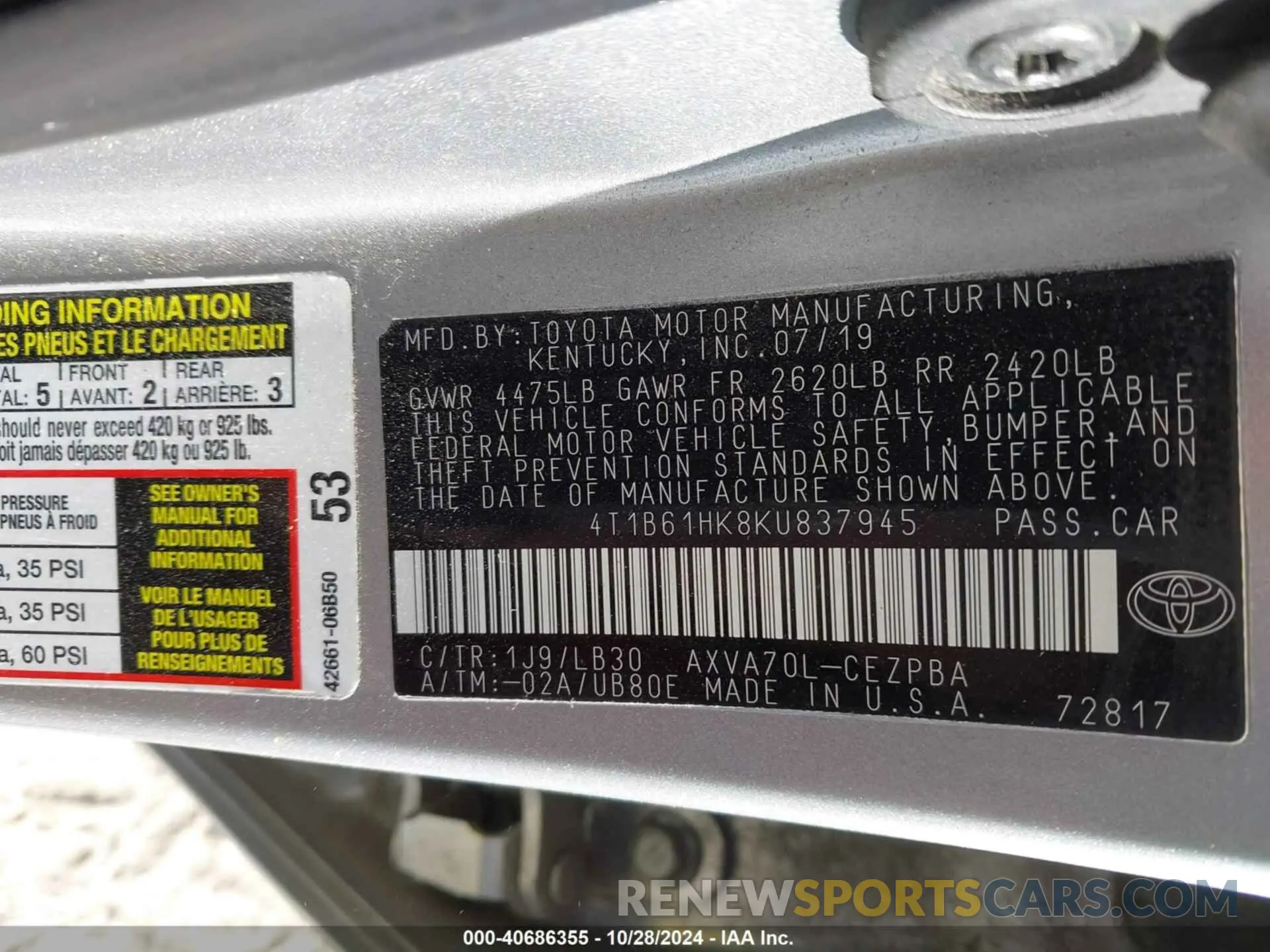 9 Photograph of a damaged car 4T1B61HK8KU837945 TOYOTA CAMRY 2019
