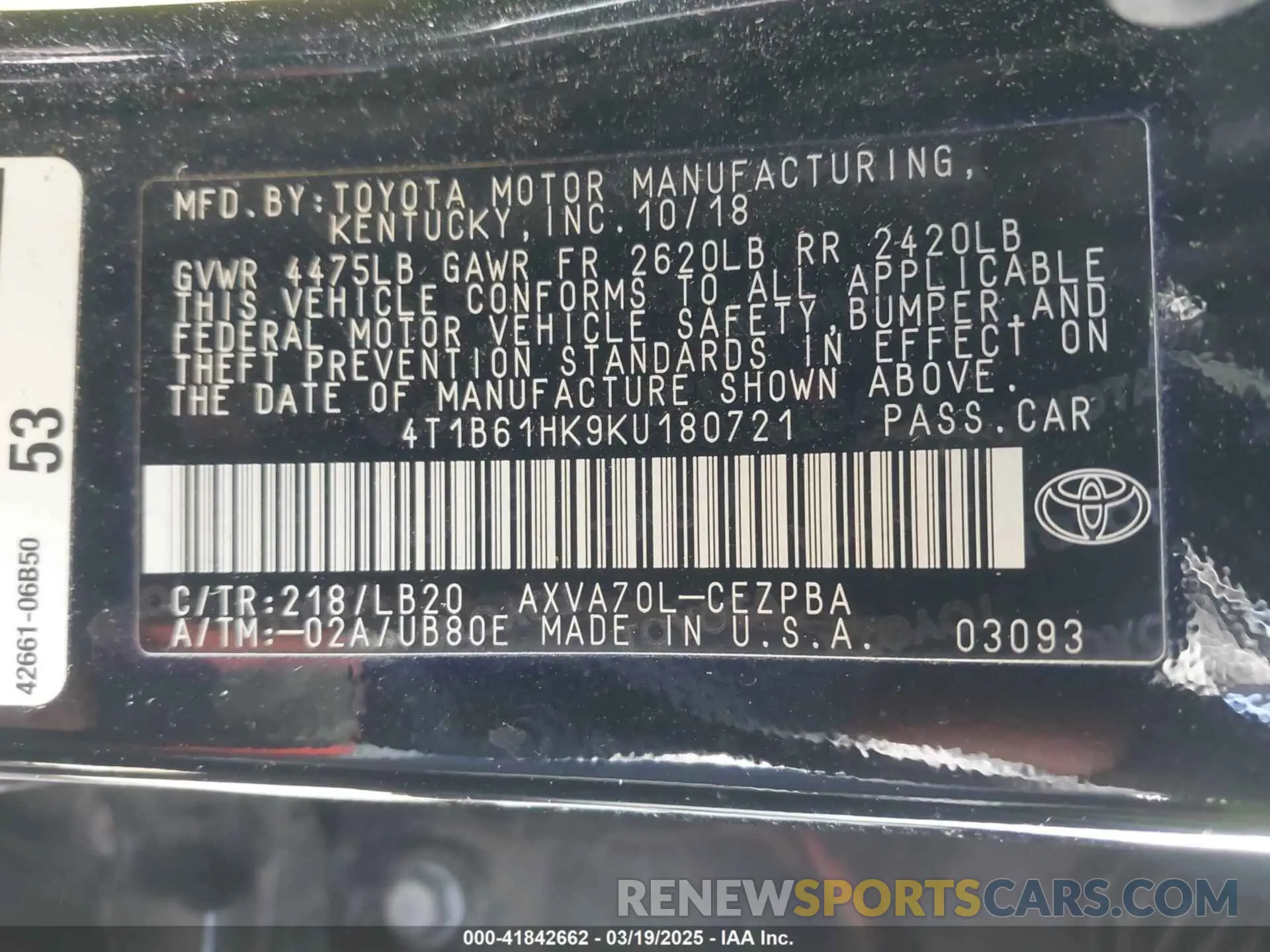 9 Photograph of a damaged car 4T1B61HK9KU180721 TOYOTA CAMRY 2019