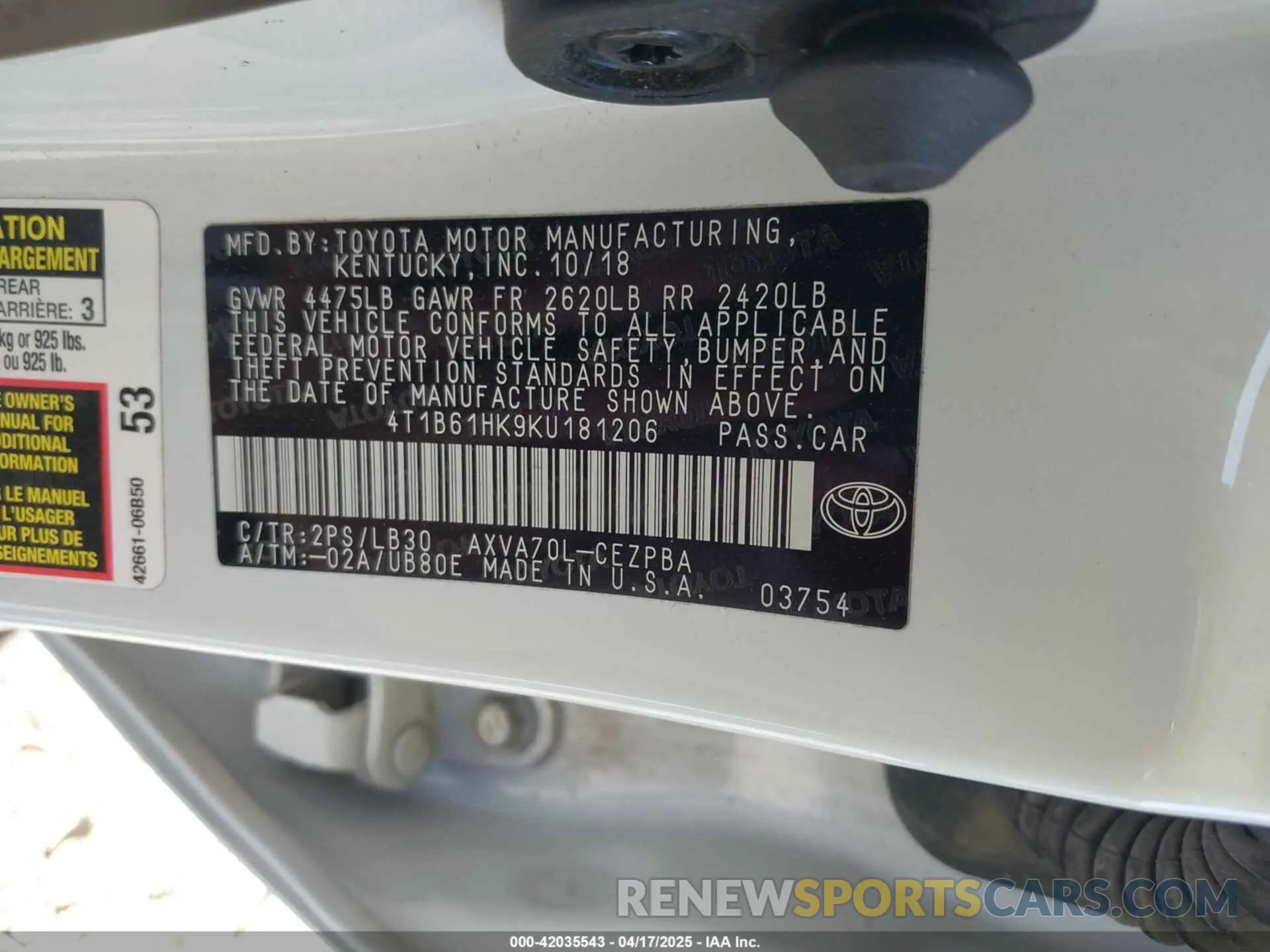 9 Фотография поврежденного автомобиля 4T1B61HK9KU181206 TOYOTA CAMRY 2019