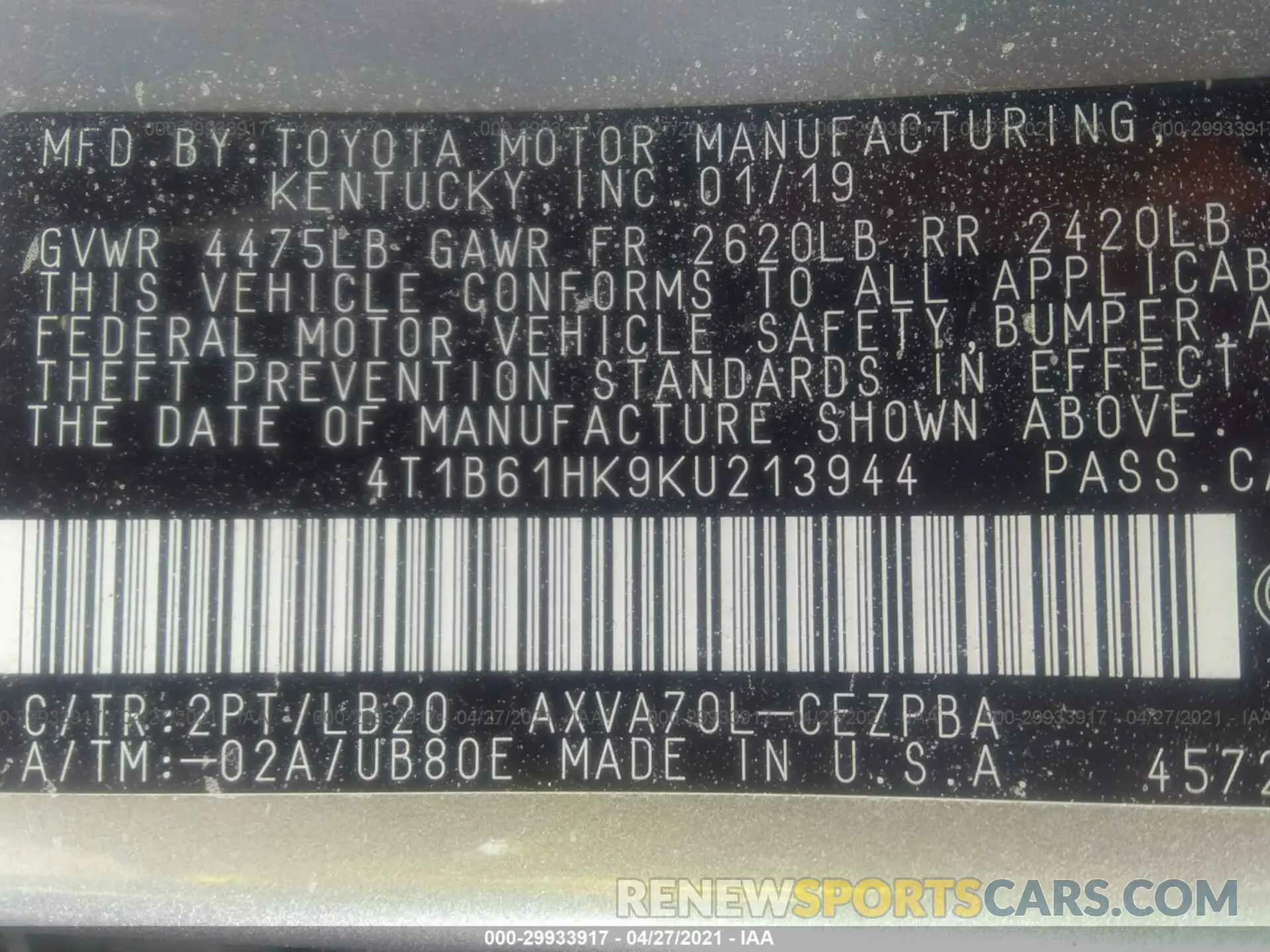 9 Photograph of a damaged car 4T1B61HK9KU213944 TOYOTA CAMRY 2019