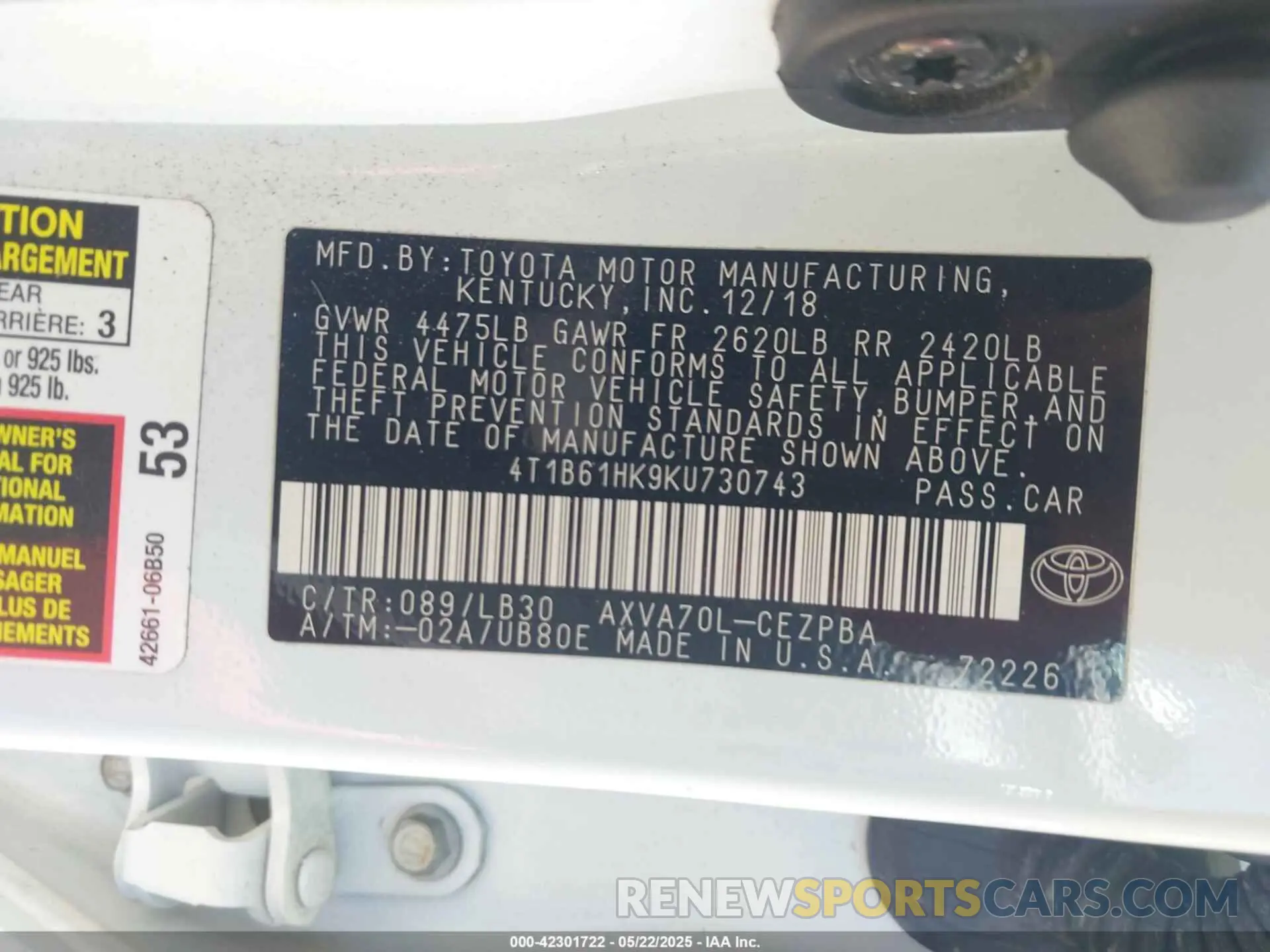 9 Photograph of a damaged car 4T1B61HK9KU730743 TOYOTA CAMRY 2019