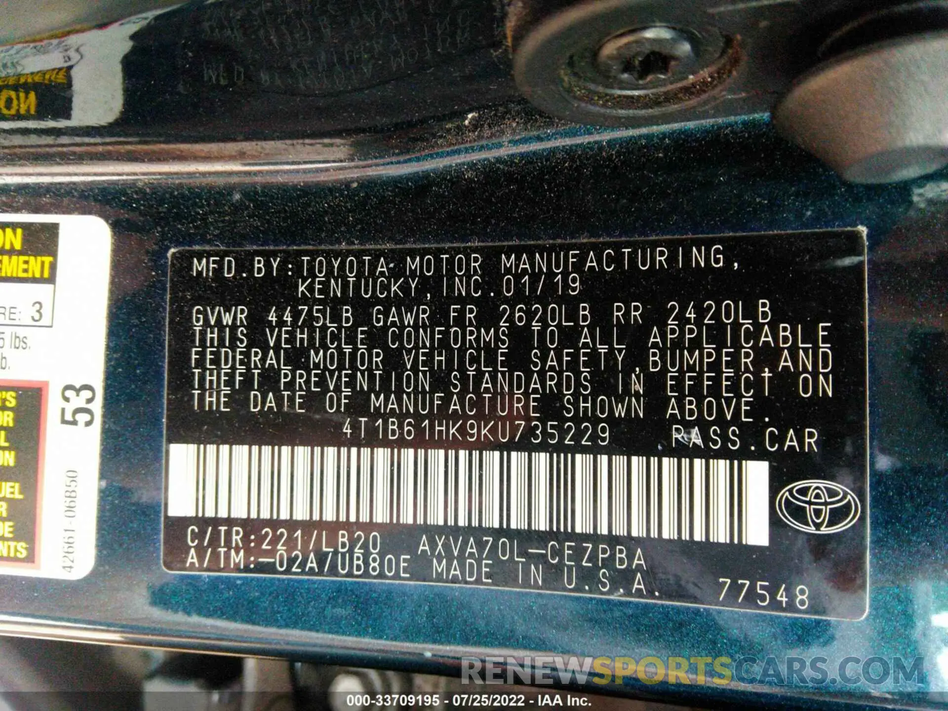 9 Photograph of a damaged car 4T1B61HK9KU735229 TOYOTA CAMRY 2019