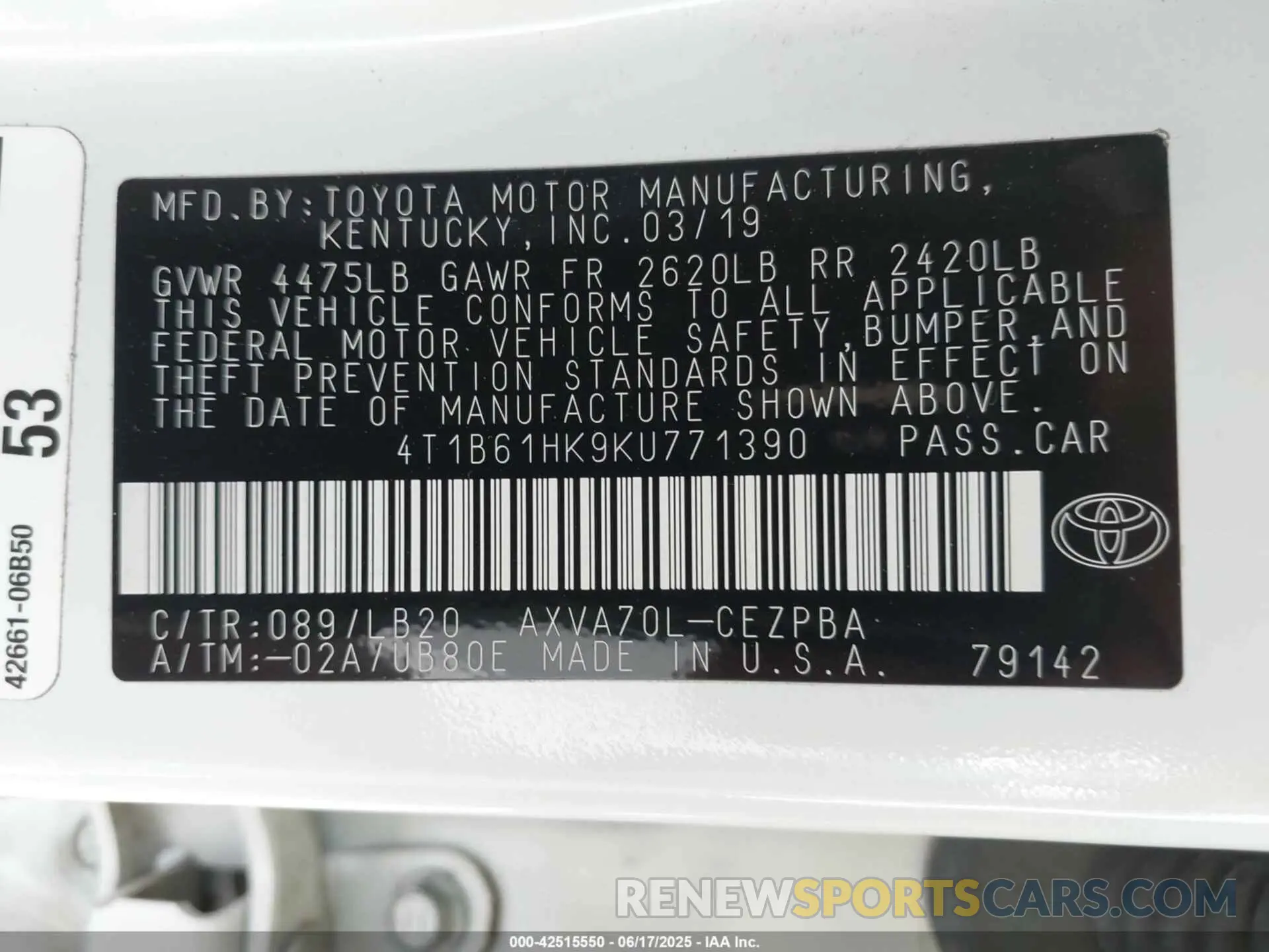 9 Photograph of a damaged car 4T1B61HK9KU771390 TOYOTA CAMRY 2019