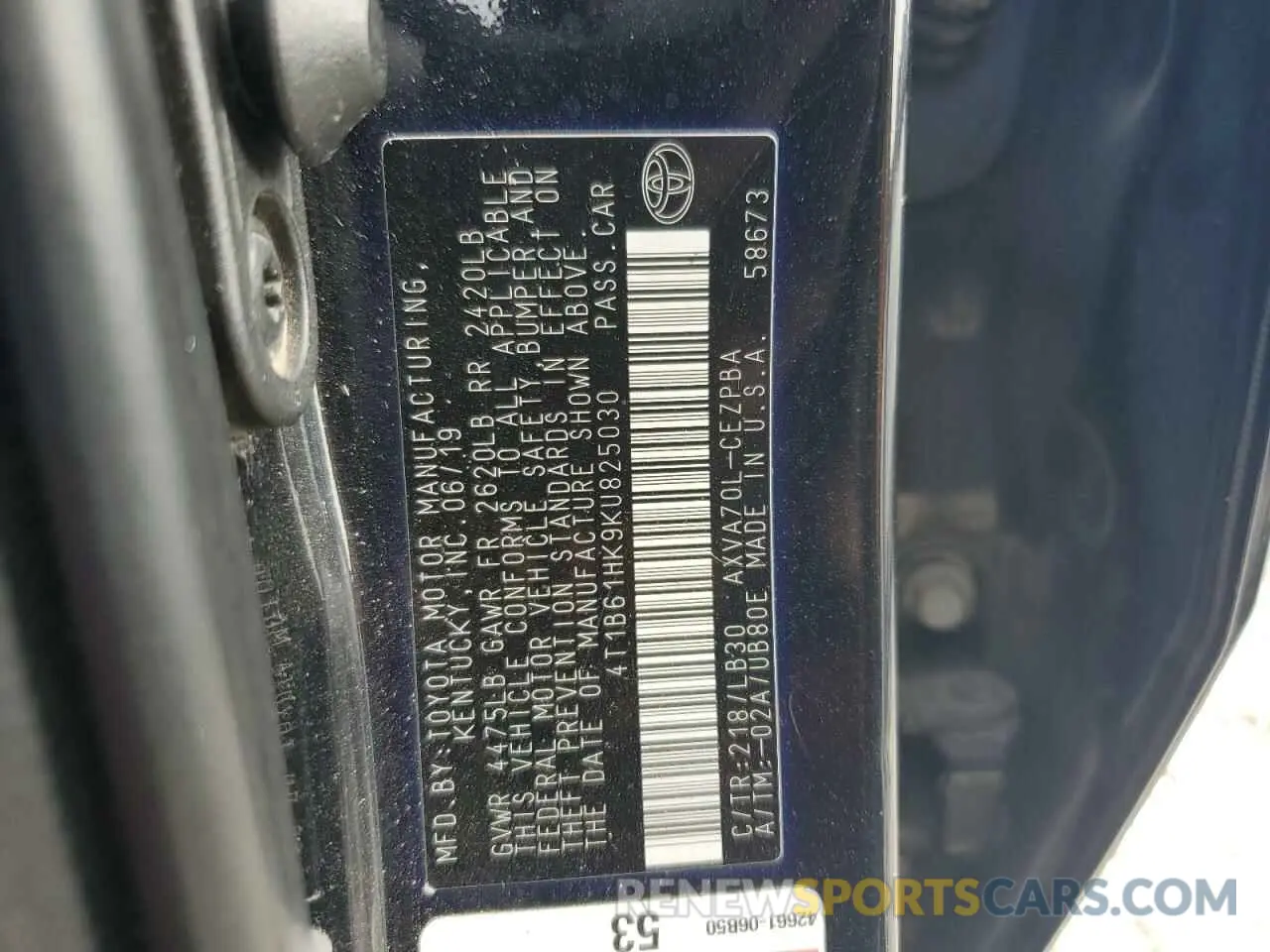 13 Photograph of a damaged car 4T1B61HK9KU825030 TOYOTA CAMRY 2019