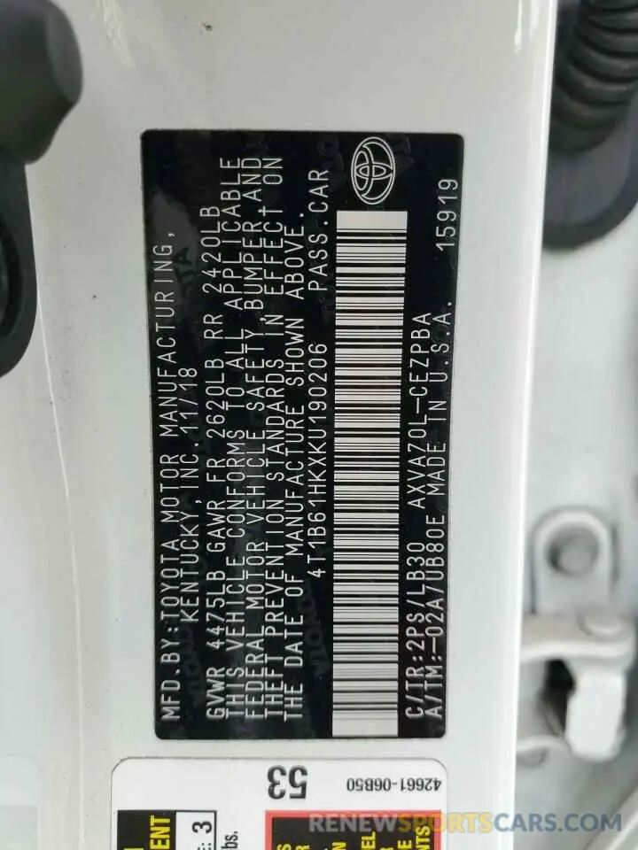 12 Фотография поврежденного автомобиля 4T1B61HKXKU190206 TOYOTA CAMRY 2019
