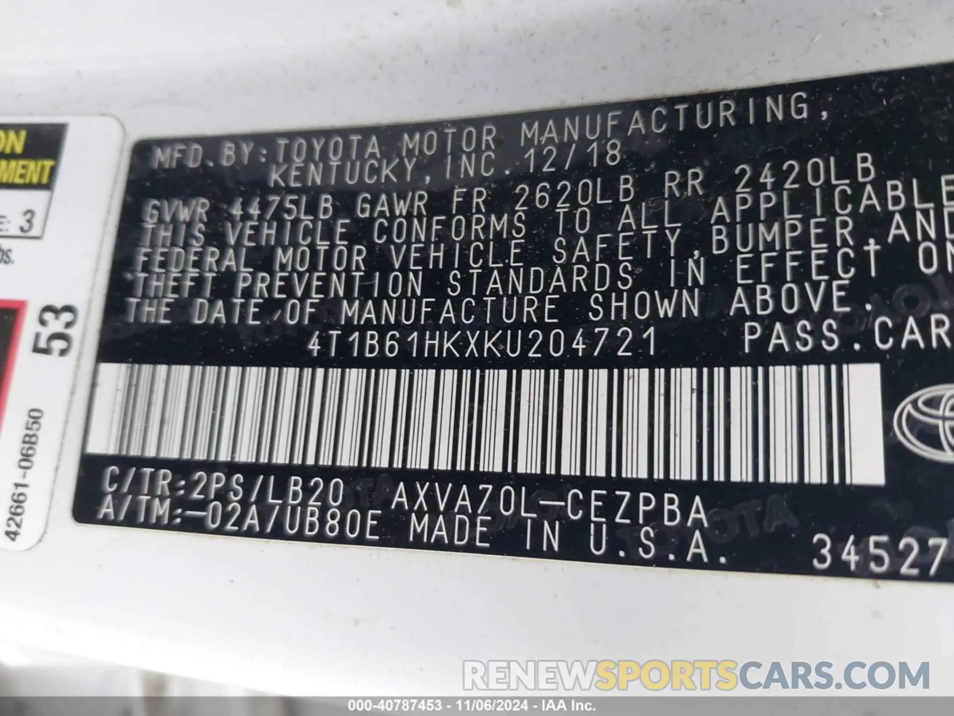 9 Фотография поврежденного автомобиля 4T1B61HKXKU204721 TOYOTA CAMRY 2019